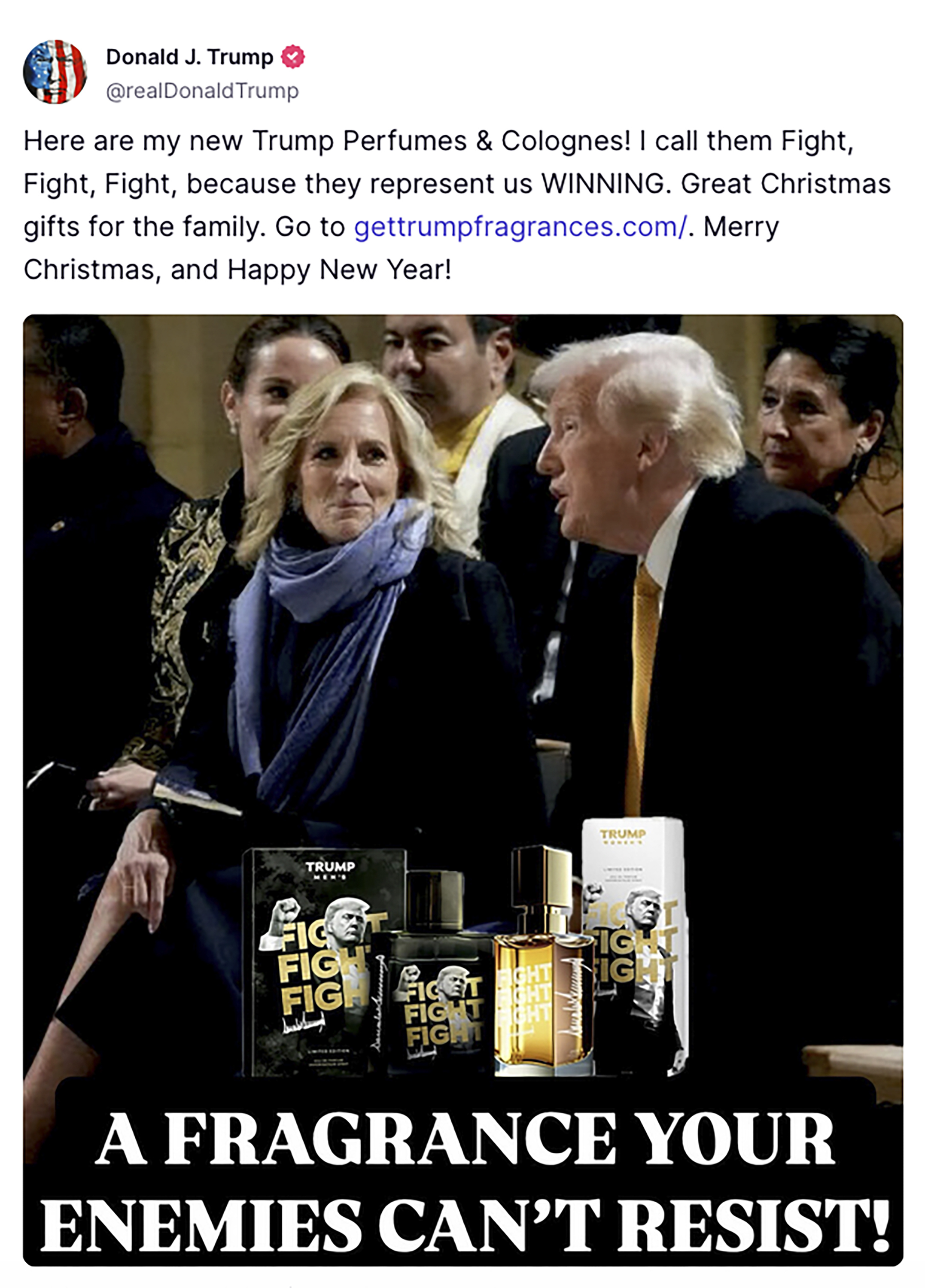 This screenshot from Donald Trump Truth Social account shows an image of President-elect Donald Trump and first lady Jill Biden attending the ceremony in Notre Dame Cathedral as France's iconic cathedral is formally reopening its doors for the first time since a devastating fire nearly destroyed the 861-year-old landmark in 2019, Dec .7, 2024 in Paris. Trump’s recent summit with Canadian Prime Minister Justin Trudeau and visit to Paris for the reopening of the Notre Dame Cathedral were not just exercises in negotiating trade policy and diplomacy. For Trump, they’ve also become fodder for trolling. ( Truth Social via AP)