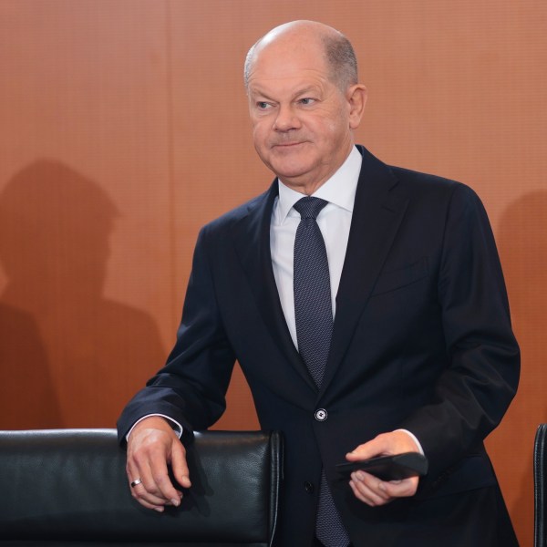 German Chancellor Olaf Scholz arrives for the cabinet meeting at the chancellery in Berlin, Germany, Wednesday, Dec. 11, 2024. (AP Photo/Markus Schreiber)