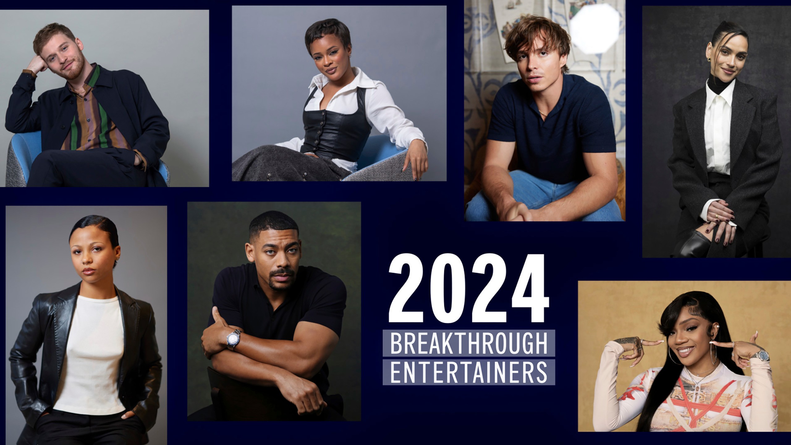 This combination of photos shows AP's 2024 breakthrough entertainers of the year. Fred Hechinger, from top left, Maleah Joi Moon, Nicholas Alexander Chavez, Adria Arjona, Myha'la, Aaron Pierre, and Glorilla. (AP Photo)