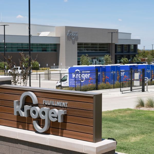 FILE - The exterior of Kroger's fulfillment center is shown on July 27, 2022 in Dallas, Tex. (Rebecca Slezak/The Dallas Morning News via AP, File)