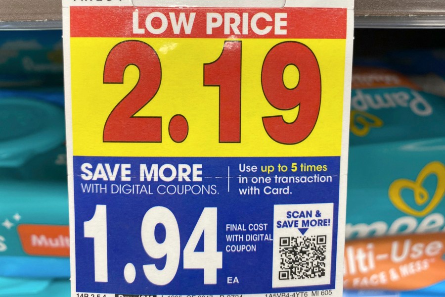 FILE - A digital-only coupon for Pampers brand baby wipes is displayed at a Kroger in Ann Arbor, Michigan, on Nov. 16, 2022. (AP Photo/Dee-Ann Durbin)