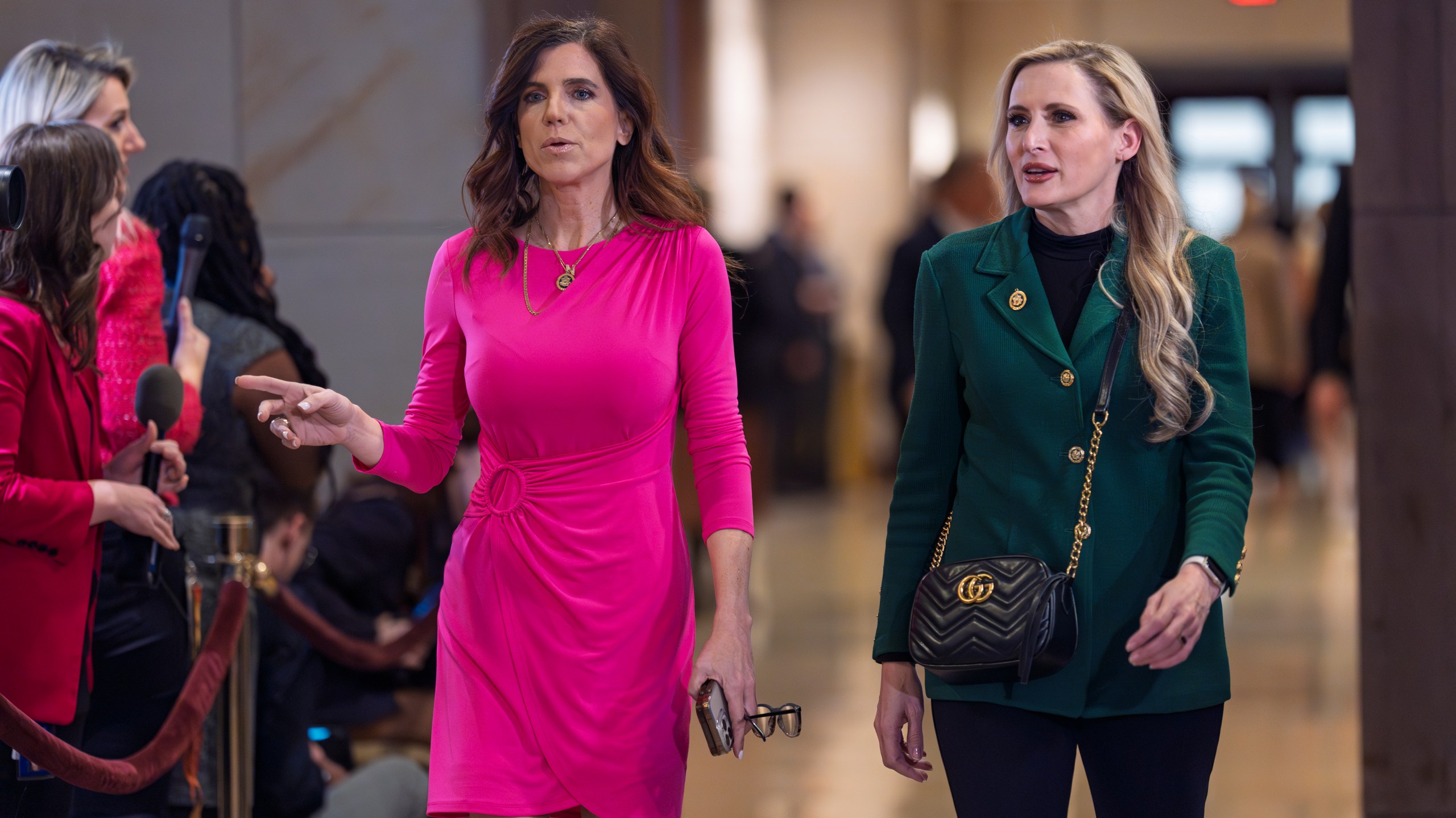 Rep. Nancy Mace, R-S.C., left, and Rep. Laurel Lee, R-Fla., leave a meeting to discuss President-elect Donald Trump's planned Department of Government Efficiency, or DOGE, at the Capitol in Washington, Thursday, Dec. 5, 2024. (AP Photo/J. Scott Applewhite)