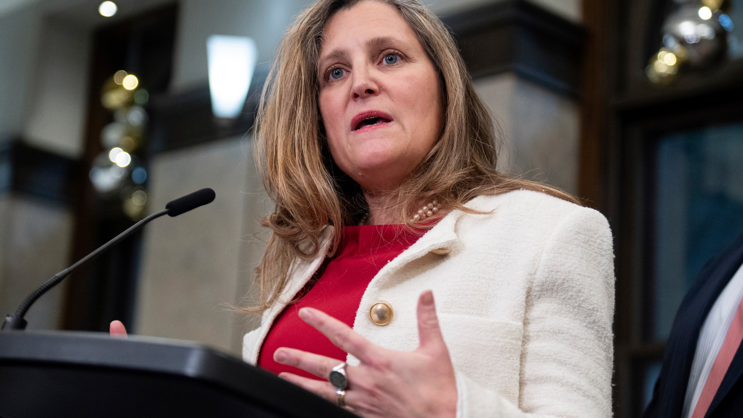 Minister of Finance and Deputy Prime Minister Chrystia Freeland delivers remarks on Parliament Hill in Ottawa, Ontario, Wednesday, Dec. 11, 2024. (Spencer Colby/The Canadian Press via AP)