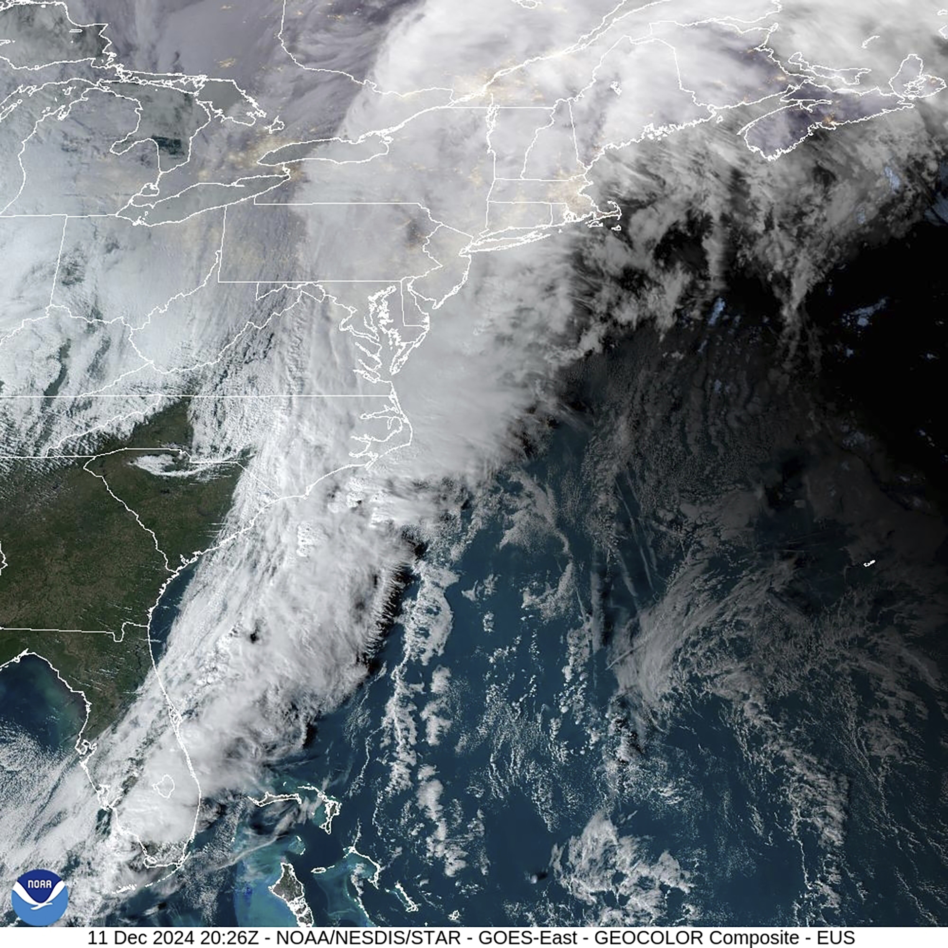 This Dec. 11. 2024 image provided by the National Oceanic and Atmospheric Administration (NOAA), shows a storm passing through the U.S. Atlantic east coast. (NOAA via AP)