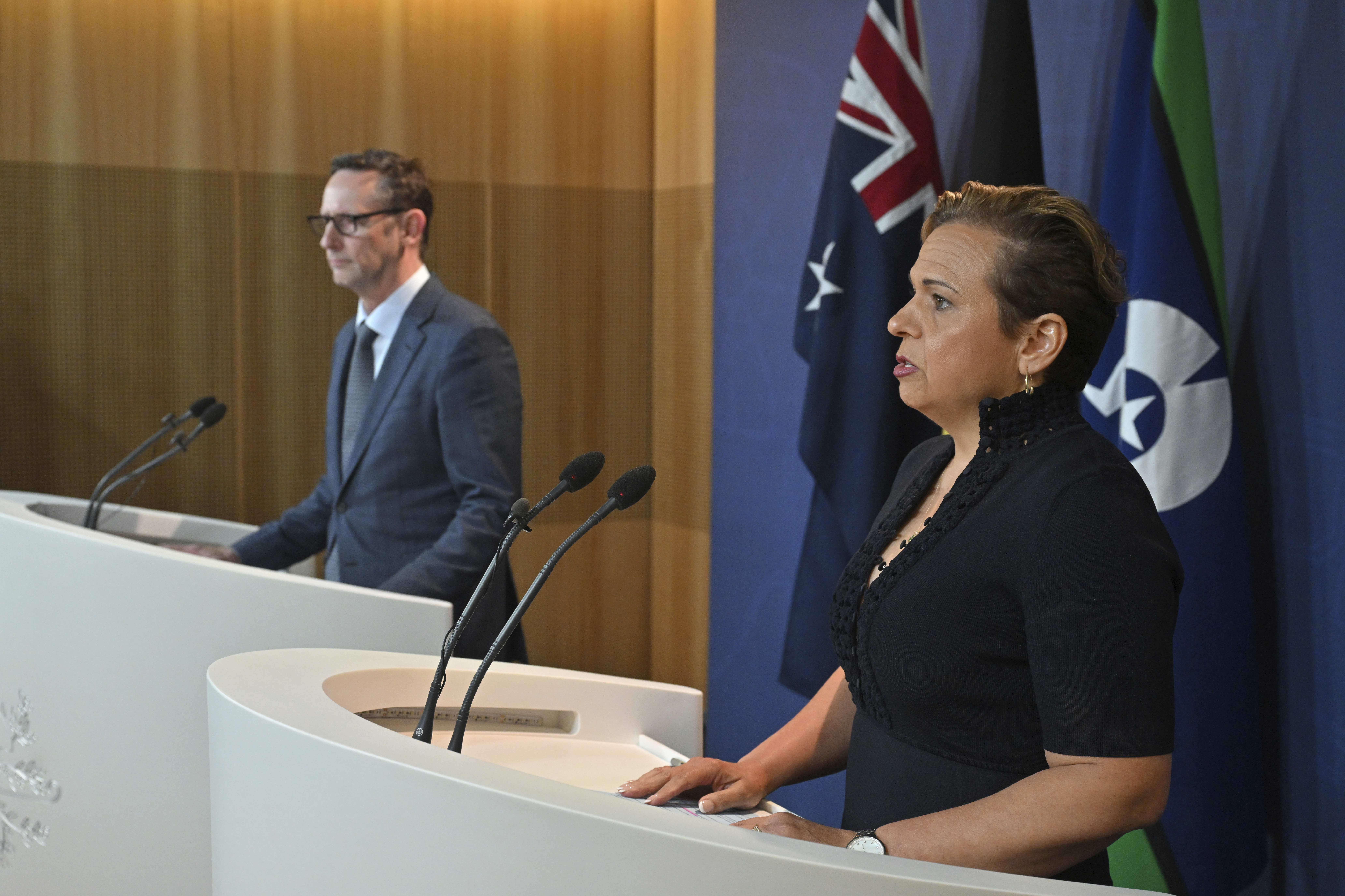 Assistant Treasurer Stephen Jones, left, and Minister for Communications Michelle Rowland attend a press conference in Sydney, Thursday, Dec. 12, 2024. (Mick Tsikas/AAP Image via AP)