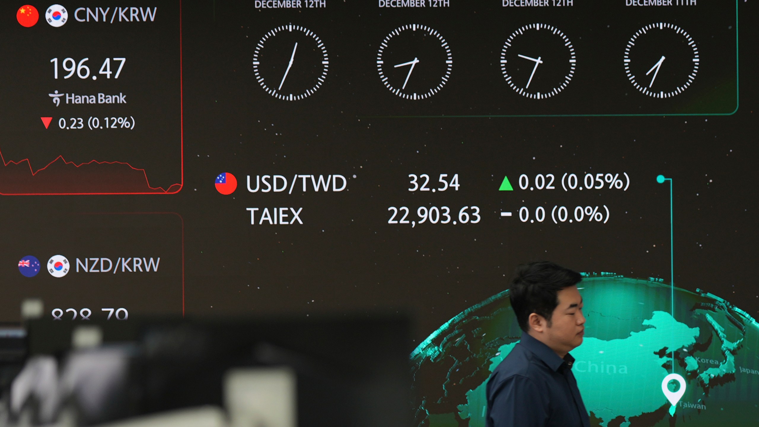 A currency trader walks near the screens showing the foreign exchange rates at a foreign exchange dealing room in Seoul, South Korea, Thursday, Dec. 12, 2024. (AP Photo/Lee Jin-man)