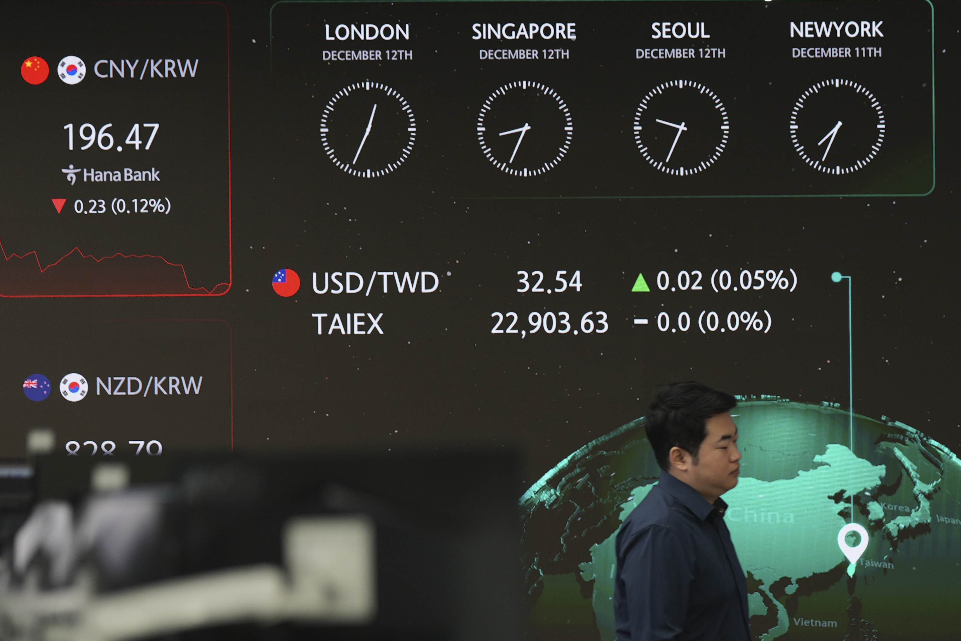 A currency trader walks near the screens showing the foreign exchange rates at a foreign exchange dealing room in Seoul, South Korea, Thursday, Dec. 12, 2024. (AP Photo/Lee Jin-man)