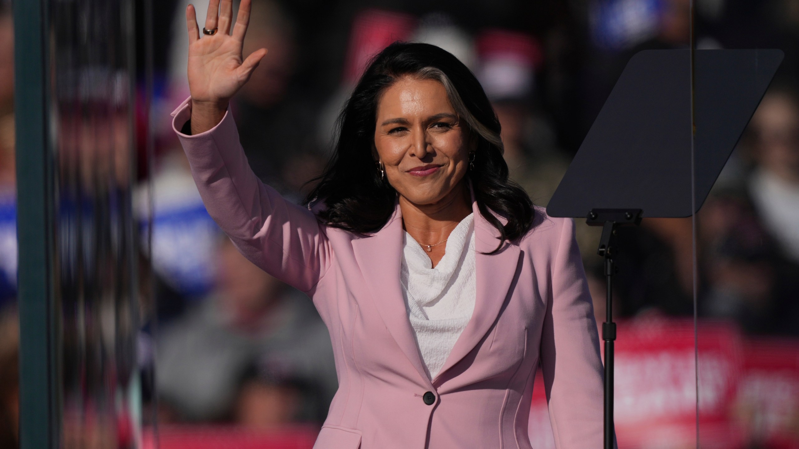 FILE - Tulsi Gabbard arrives to speak before Republican presidential nominee former President Donald Trump at a campaign rally in Lititz, Pa., Nov. 3, 2024. (AP Photo/Matt Rourke, File)