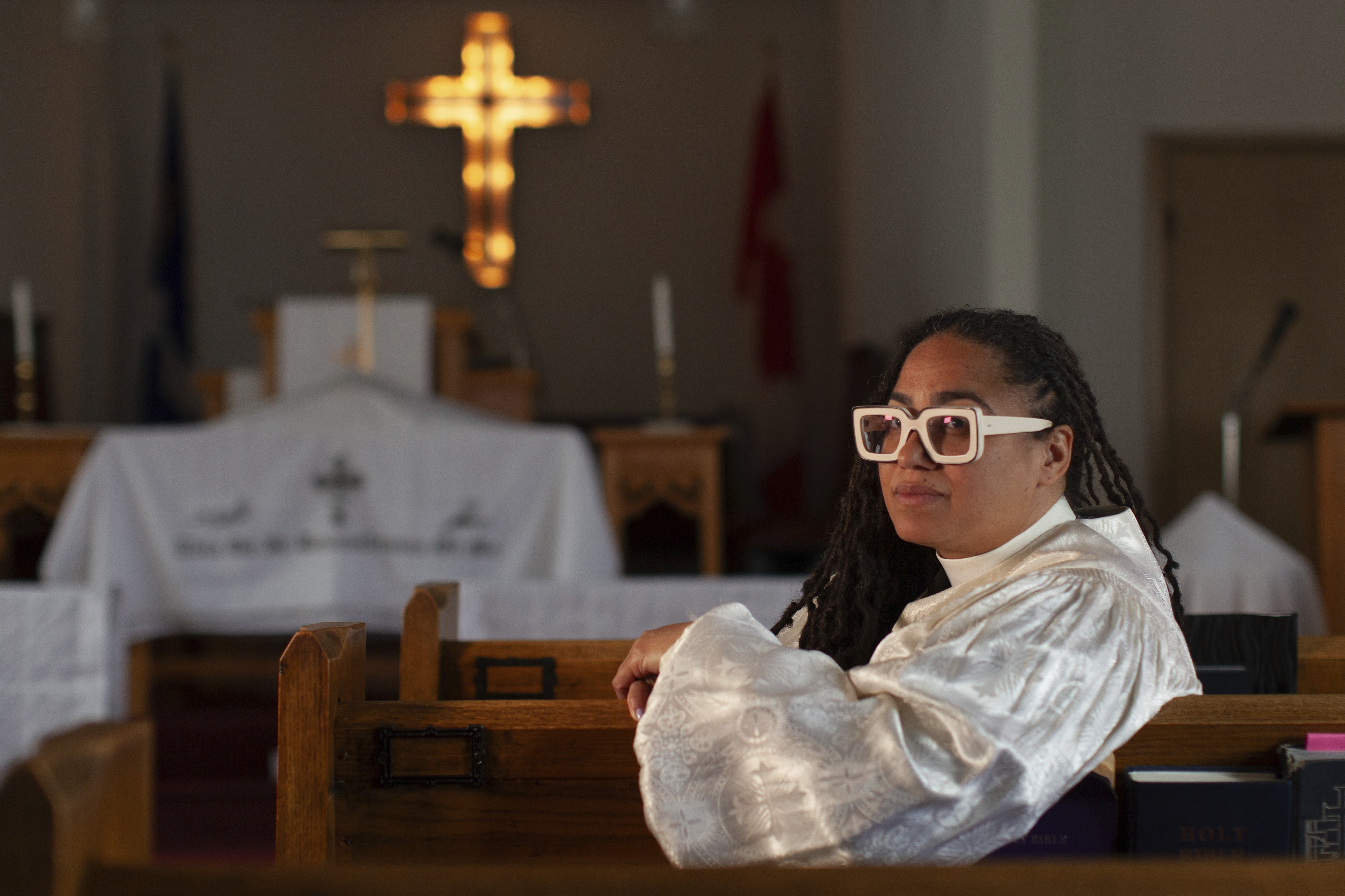 The Rev. Jennifer Susanne Leath poses for a photo at Tanner-Price AME Church in Windsor, Ont., Sunday, Oct. 6, 2024. (AP Photo/Dax Melmer)