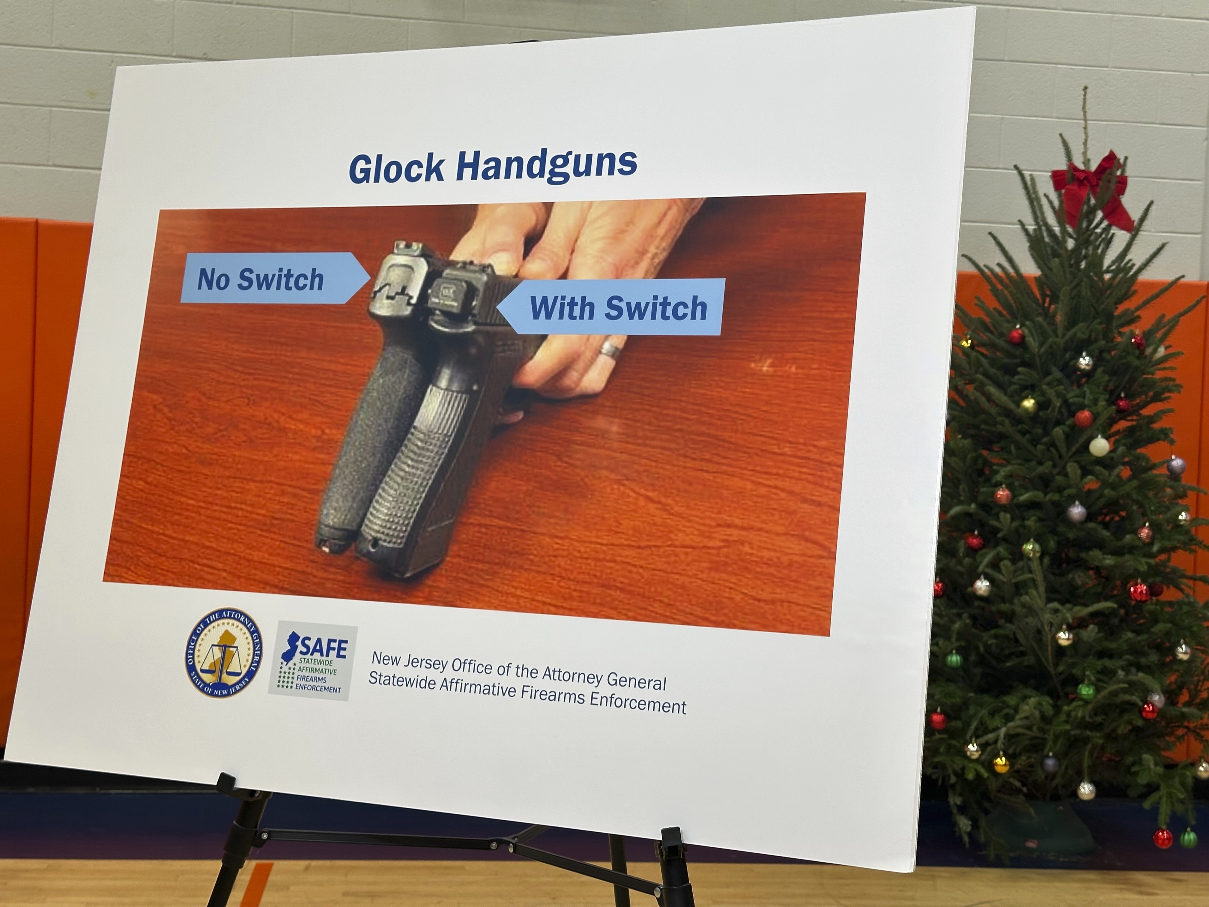 New Jersey Attorney General Matt Platkin's office displays a photo of a so-called Glock switch in Newark, N.J. on Thursday, Dec. 12, 2024, (AP Photo/Mike Catalini)