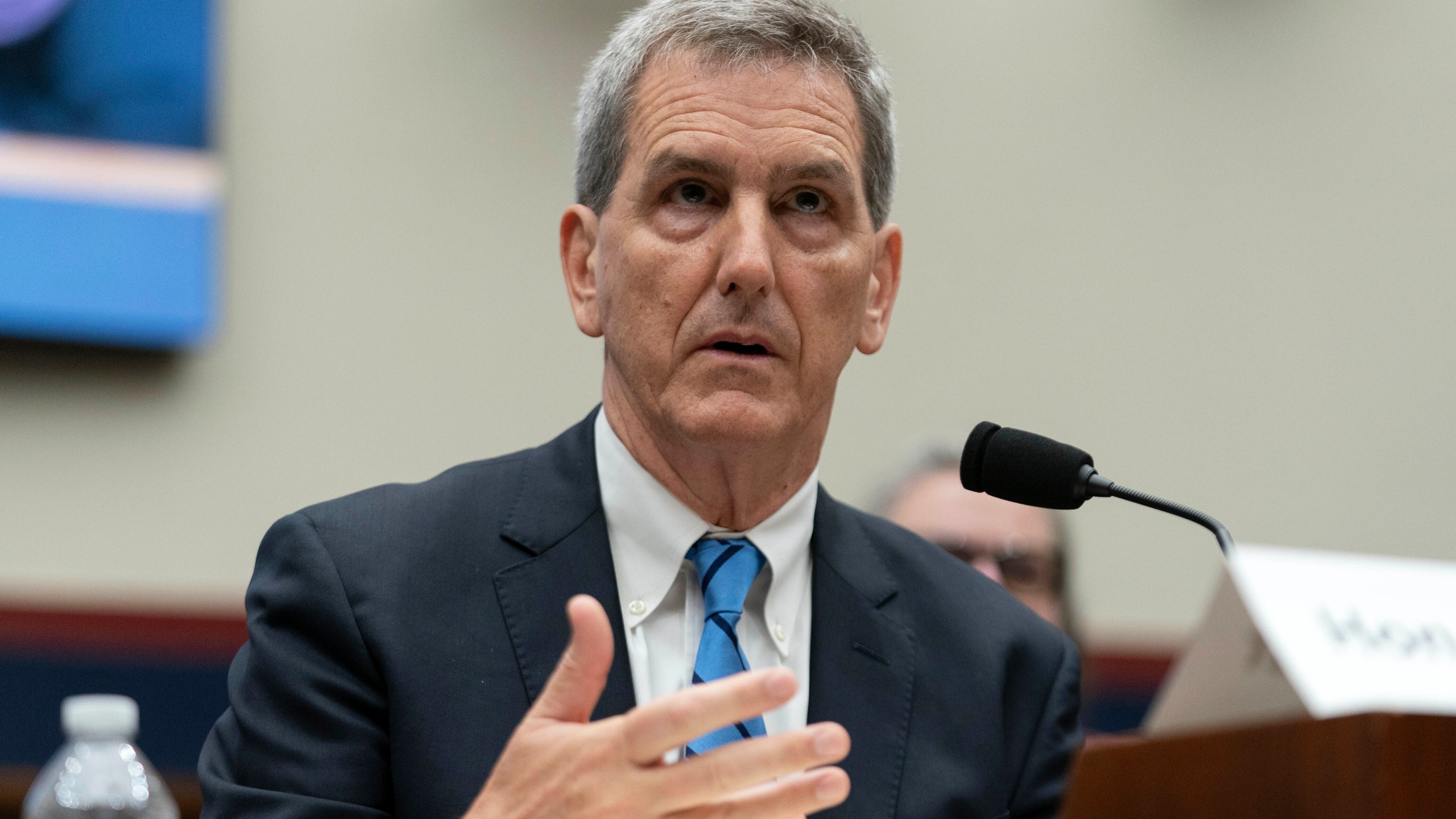 FILE - FAA Administrator Mike Whitaker testifies before the House Committee on Transportation and Infrastructure Subcommittee on Aviation, Sept. 24, 2024, on Capitol Hill in Washington. (AP Photo/Jose Luis Magana, File)