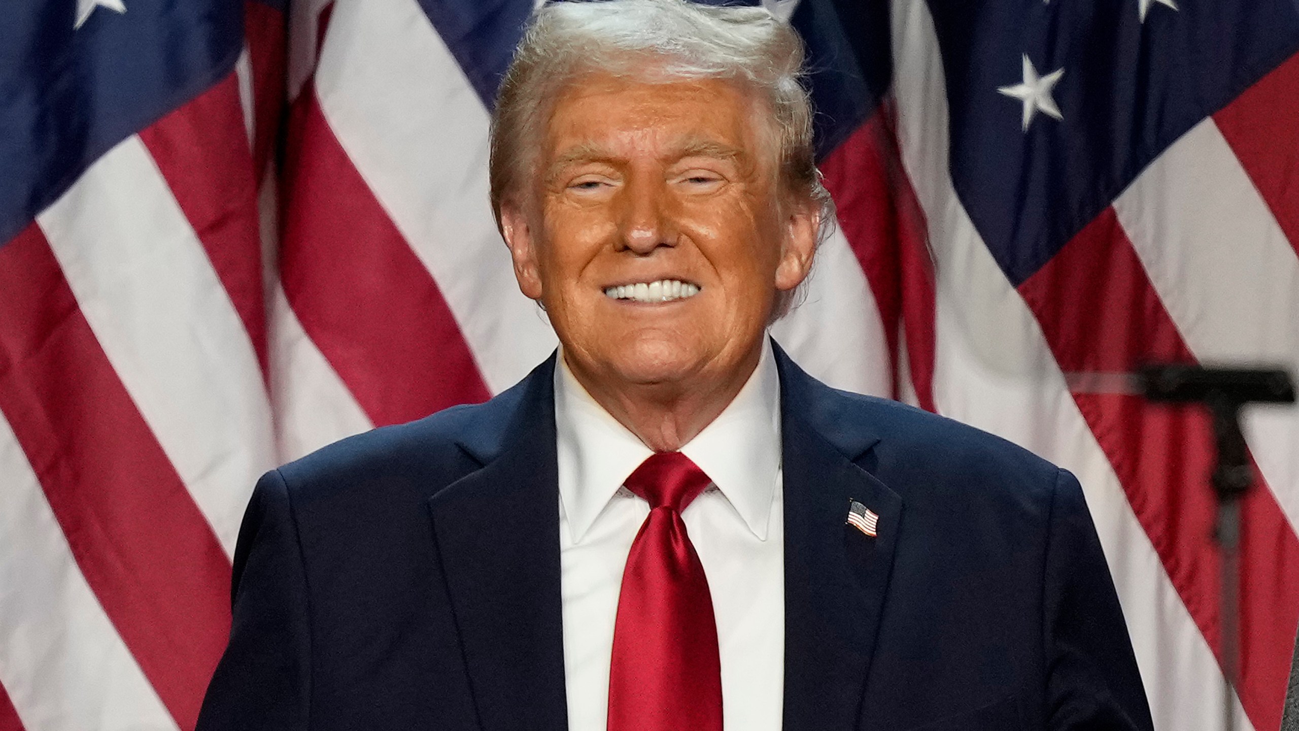 FILE - Republican presidential nominee former President Donald Trump smiles at an election night watch party early Nov. 6, 2024, in West Palm Beach, Fla. (AP Photo/Alex Brandon, File)