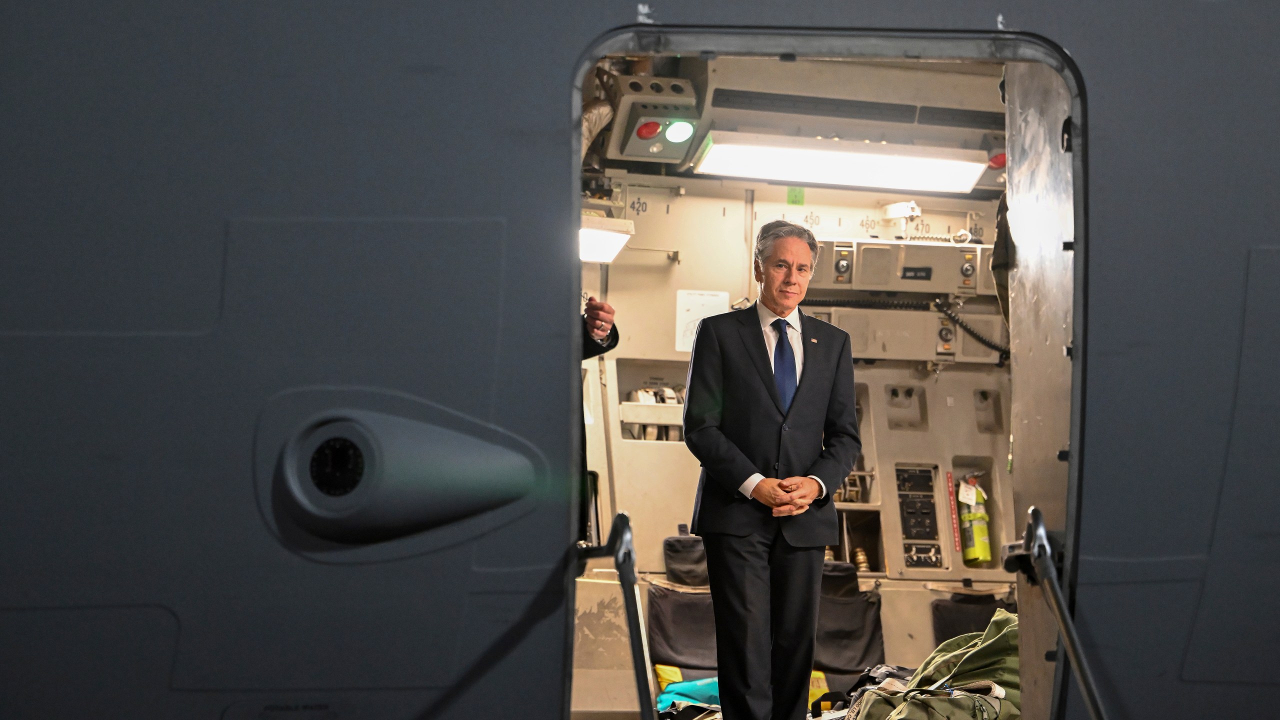 US Secretary of State Antony Blinken waits to disembark from a plane in Jordan's Red Sea resort of Aqaba, on Friday, Dec. 13, 2024. (Andrew Caballero-Reynolds/Pool Photo via AP)