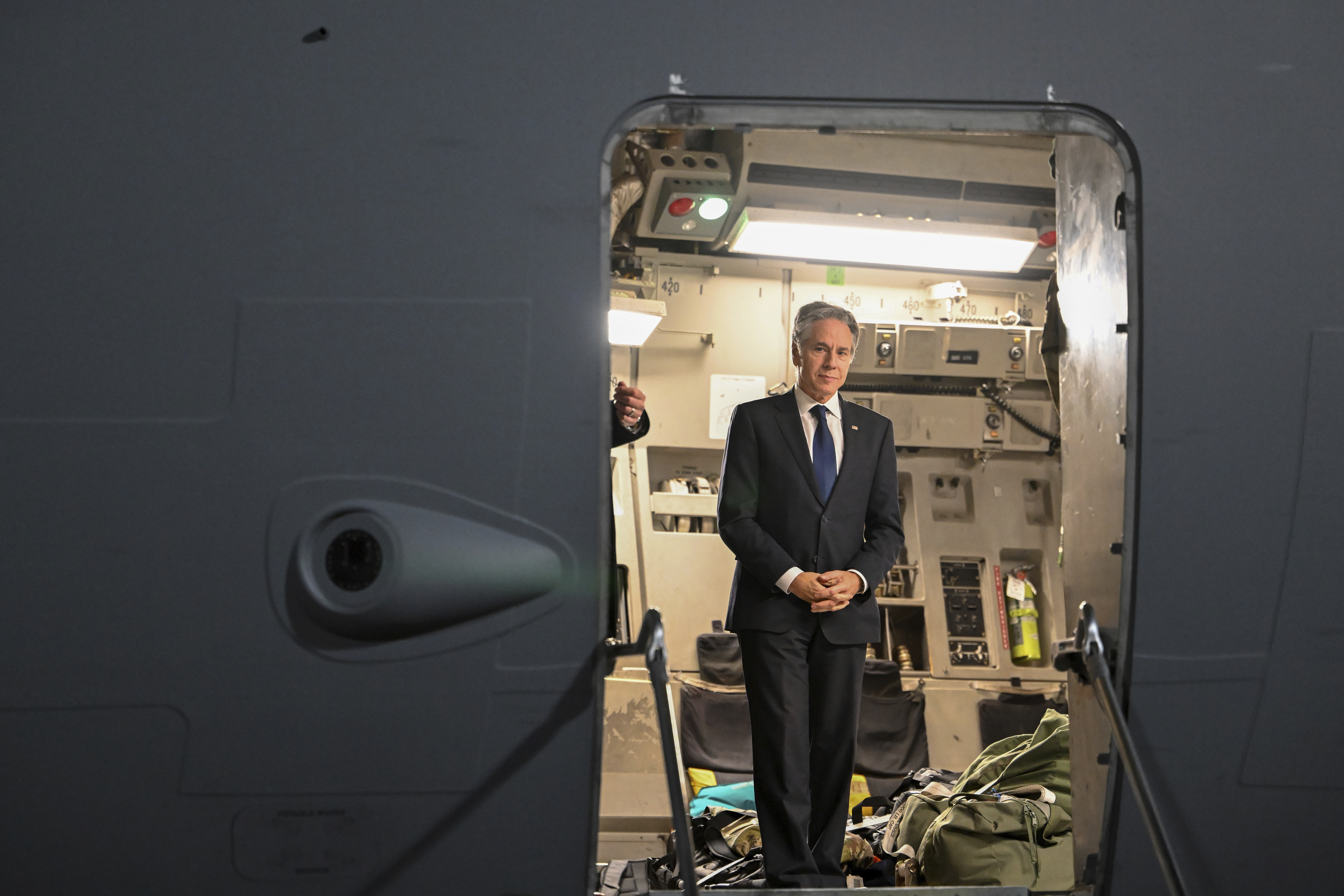 US Secretary of State Antony Blinken waits to disembark from a plane in Jordan's Red Sea resort of Aqaba, on Friday, Dec. 13, 2024. (Andrew Caballero-Reynolds/Pool Photo via AP)