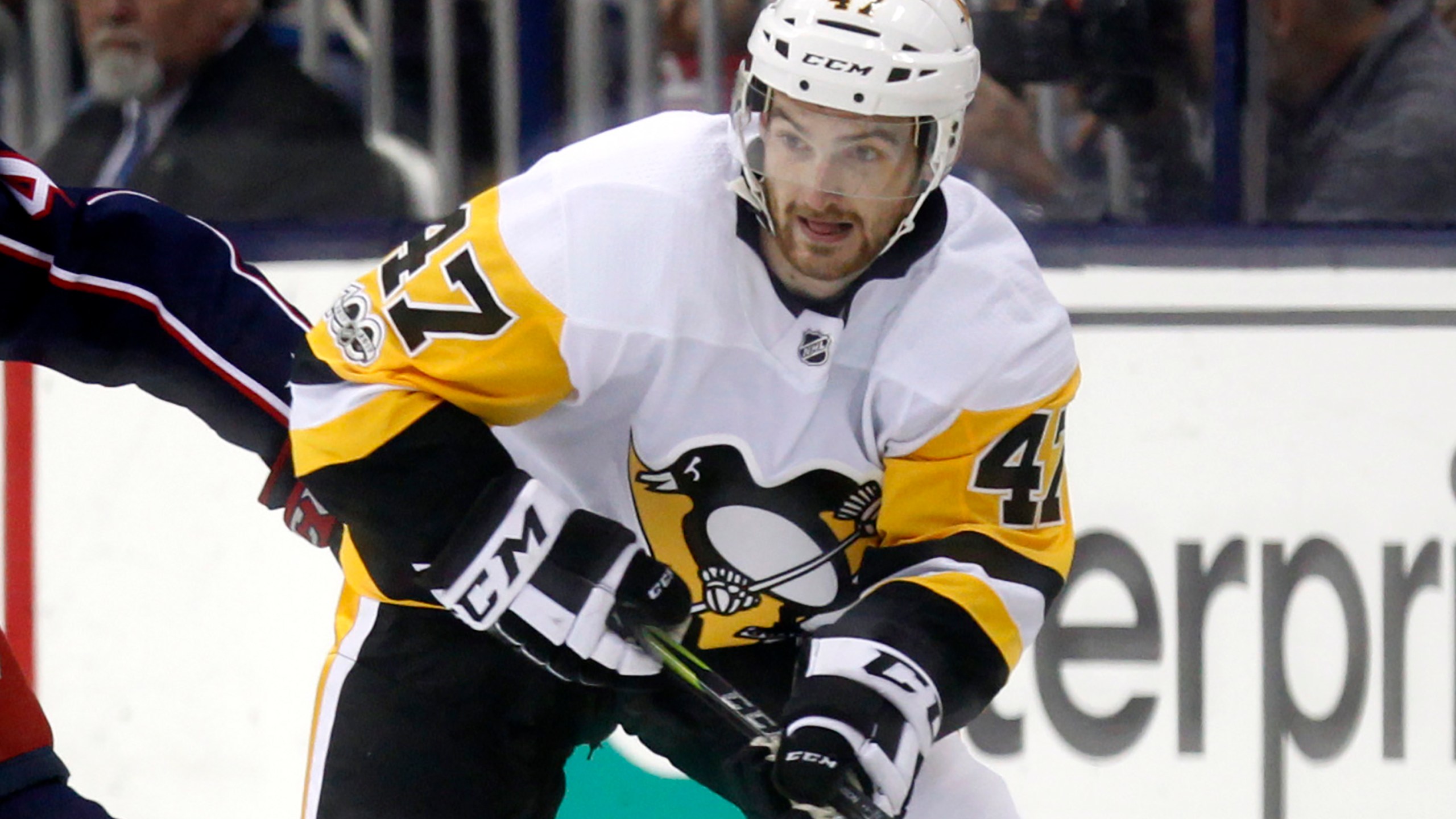 FILE - Pittsburgh Penguins forward Adam Johnson in action during an NHL hockey game in Columbus, Ohio, Sept. 22, 2017. (AP Photo/Paul Vernon, File)