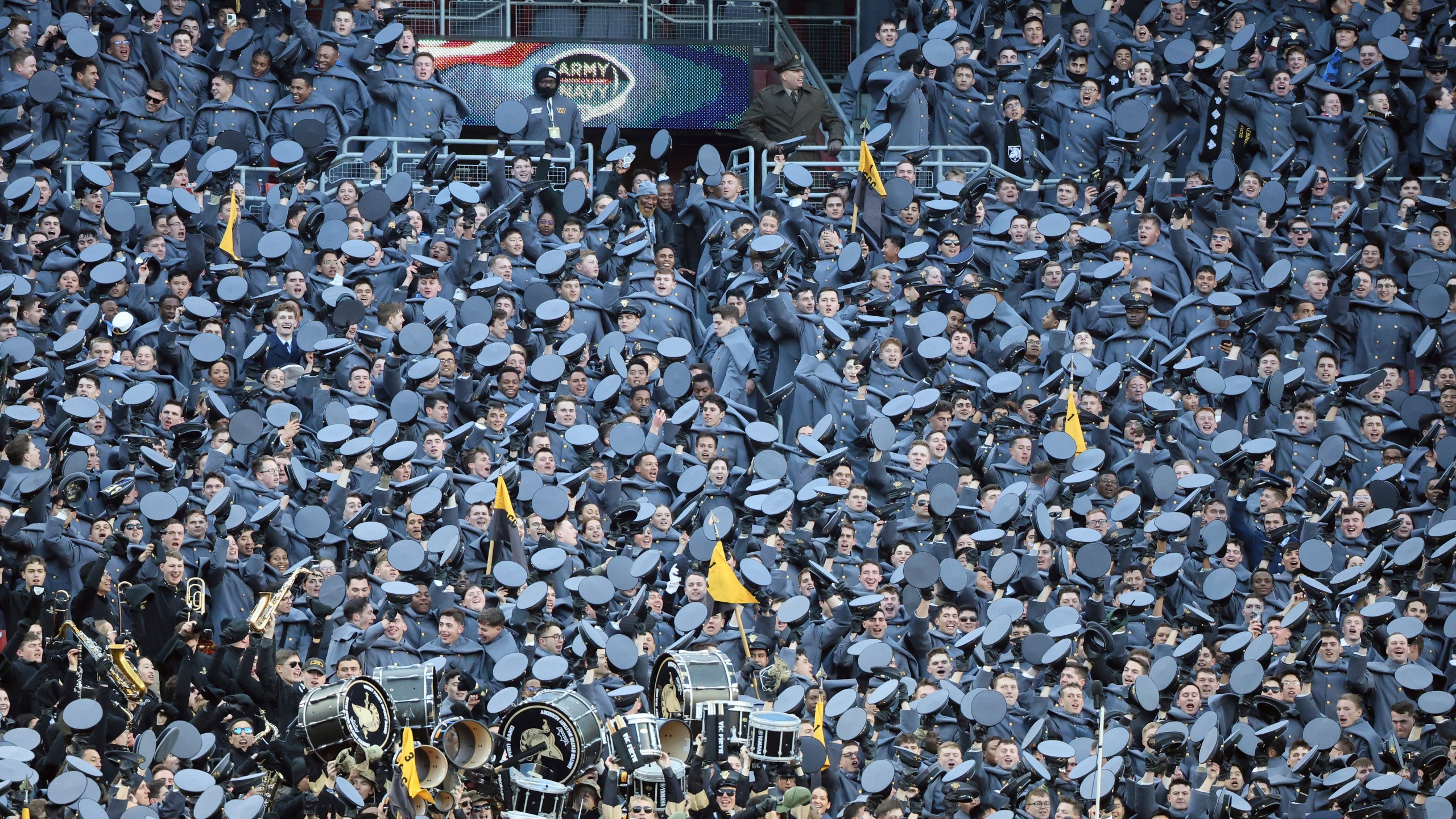 Cadets celebrate during the first half of an NCAA college football game against Navy, Saturday, Dec. 14, 2024, in Landover, Md. (AP Photo/Daniel Kucin Jr.)