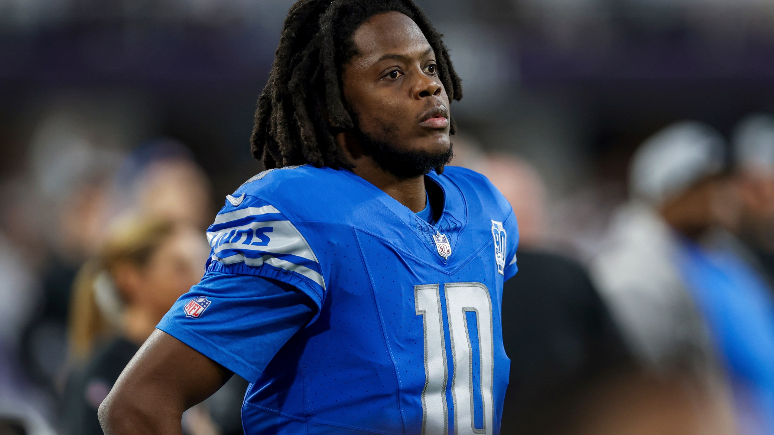 FILE - Detroit Lions quarterback Teddy Bridgewater (10) is seen on the sideline during the second half of an NFL football game against the Minnesota Vikings, Dec. 24, 2023 in Minneapolis. (AP Photo/Stacy Bengs, File)