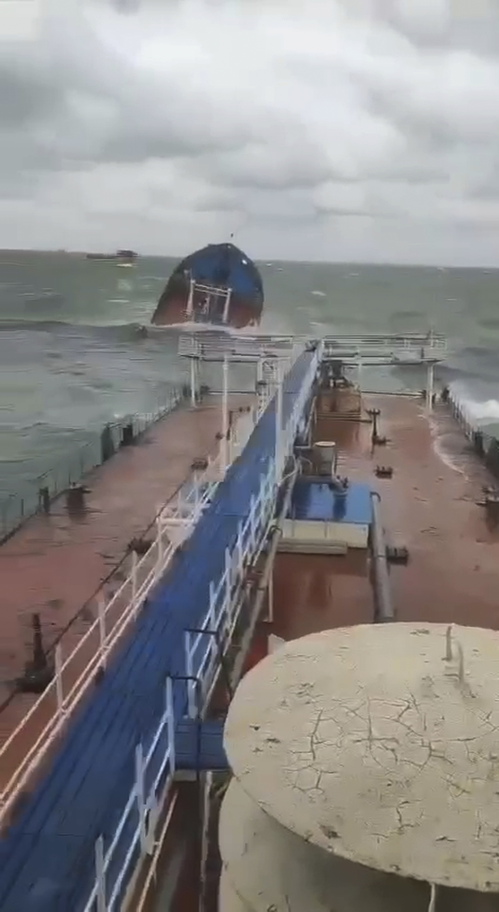 This photo taken from a video released by the Russian Southern Transport Prosecutor's Office, shows a Volgoneft-212 tanker wrecked by a storm in the Kerch Strait, Russia, Sunday, Dec. 15, 2024. (The Russian Southern Transport Prosecutor's Office via AP)