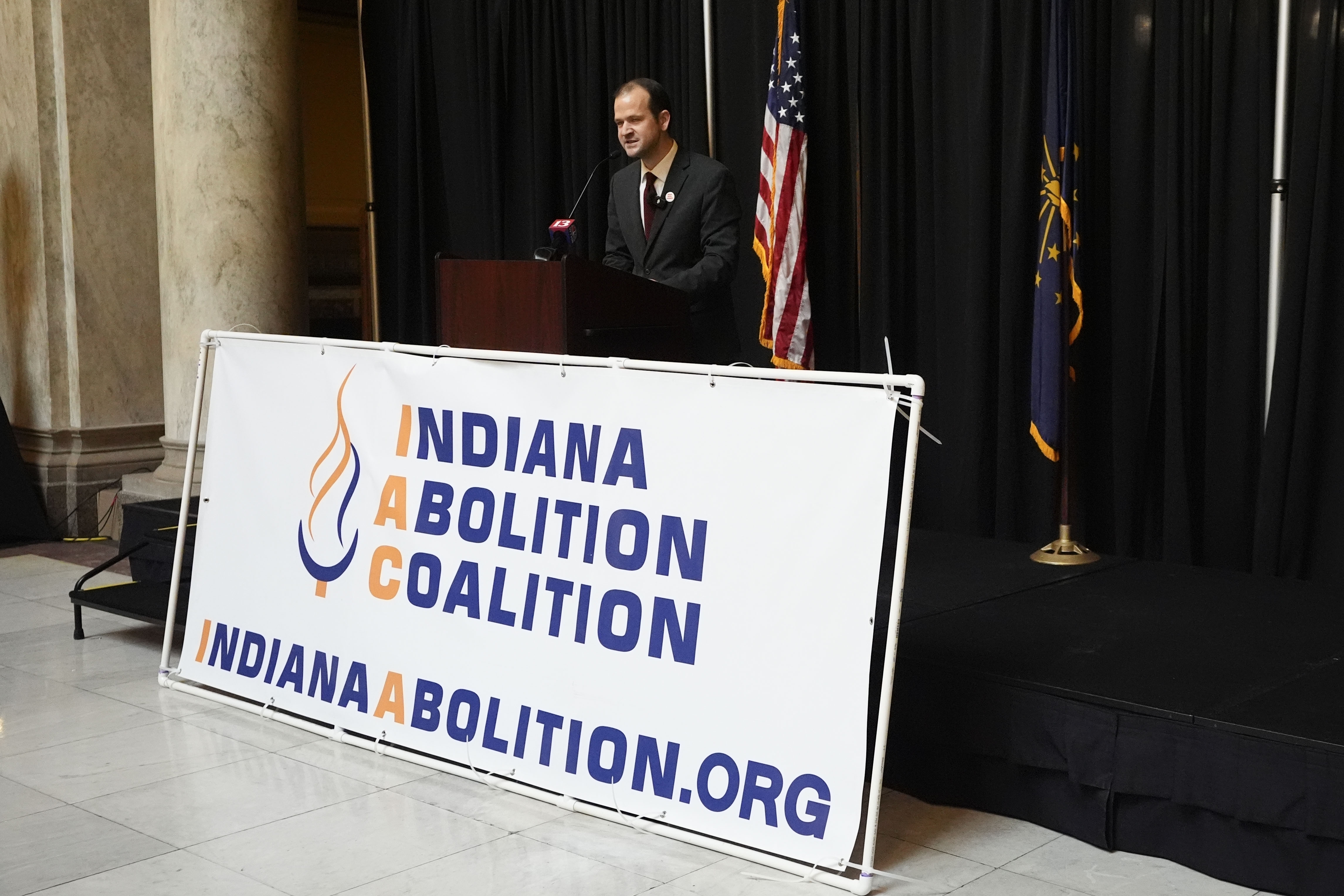 David Frank speaks during a gathering of the Indiana Abolition Coalition at the Statehouse, Thursday, Dec. 12, 2024, in Indianapolis. (AP Photo/Darron Cummings)