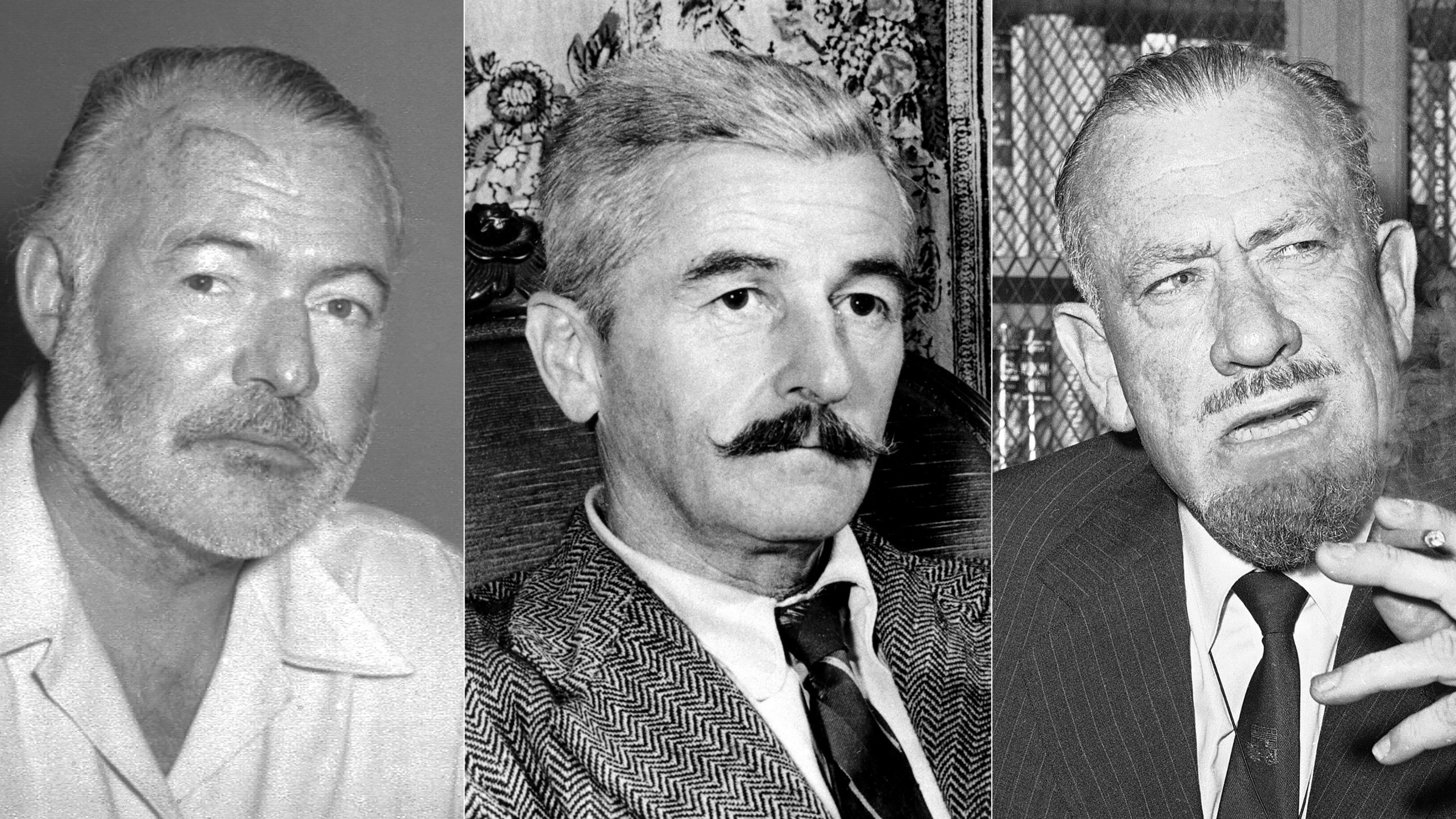 This combination of photos show authors Ernest Hemingway in 1950, left, William Faulkner in 1950, center, and John Steinbeck in 1962. (AP Photo)