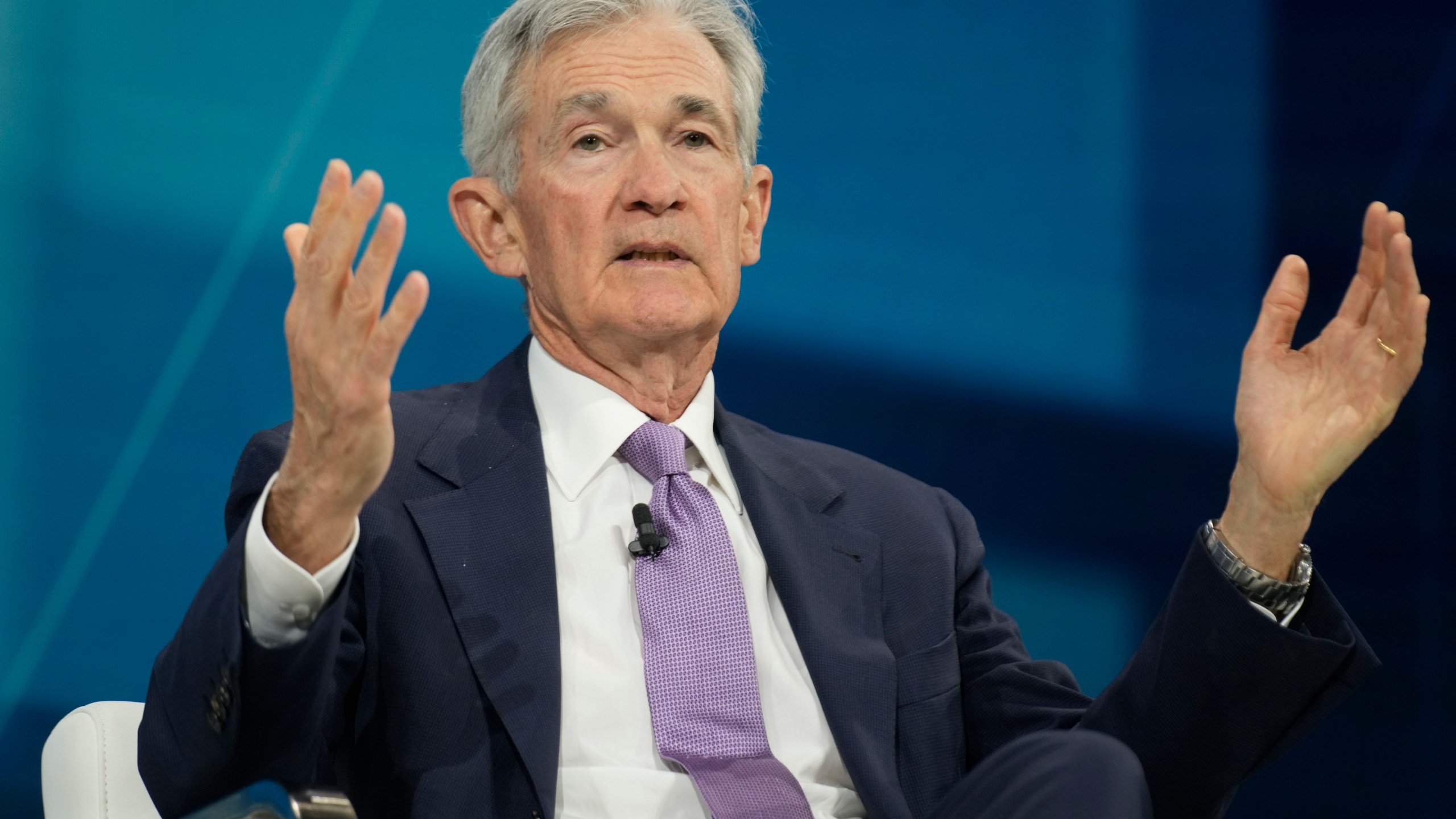 FILE - Federal Reserve chair Jerome Powell speaks at the DealBook Summit in New York, on Dec. 4, 2024. (AP Photo/Seth Wenig, File)