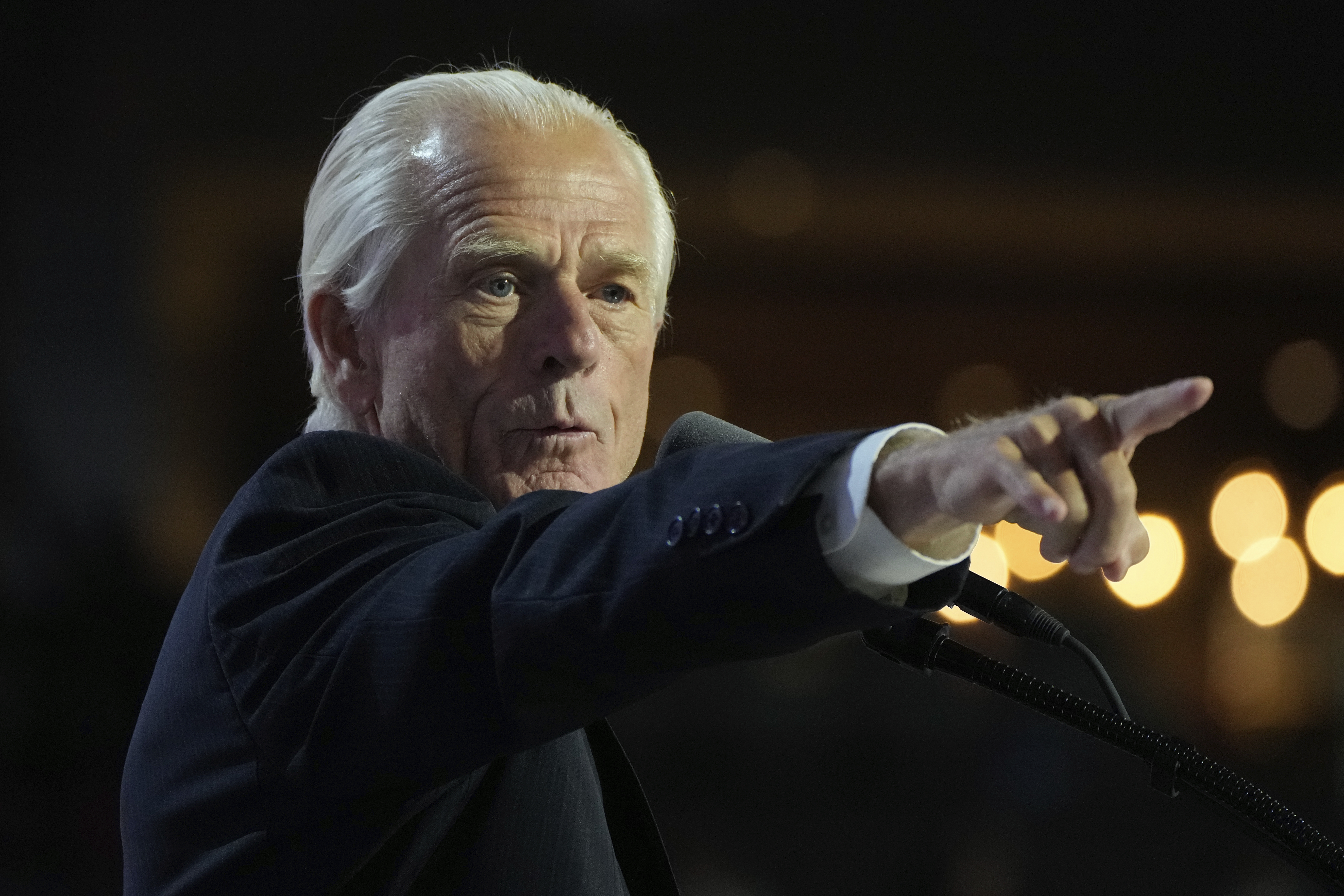 FILE - Peter Navarro speaks during the Republican National Convention, July 17, 2024, in Milwaukee. (AP Photo/Paul Sancya, File)