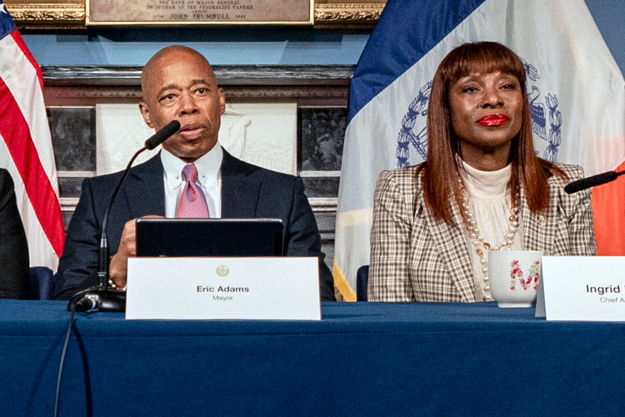 FILE — New York Mayor Eric Adams, and chief advisor to the mayor Ingrid Lewis-Martin, attend a press conference at City Hall, in New York, Tuesday, Dec. 12, 2023. (AP Photo/Peter K. Afriyie, File)