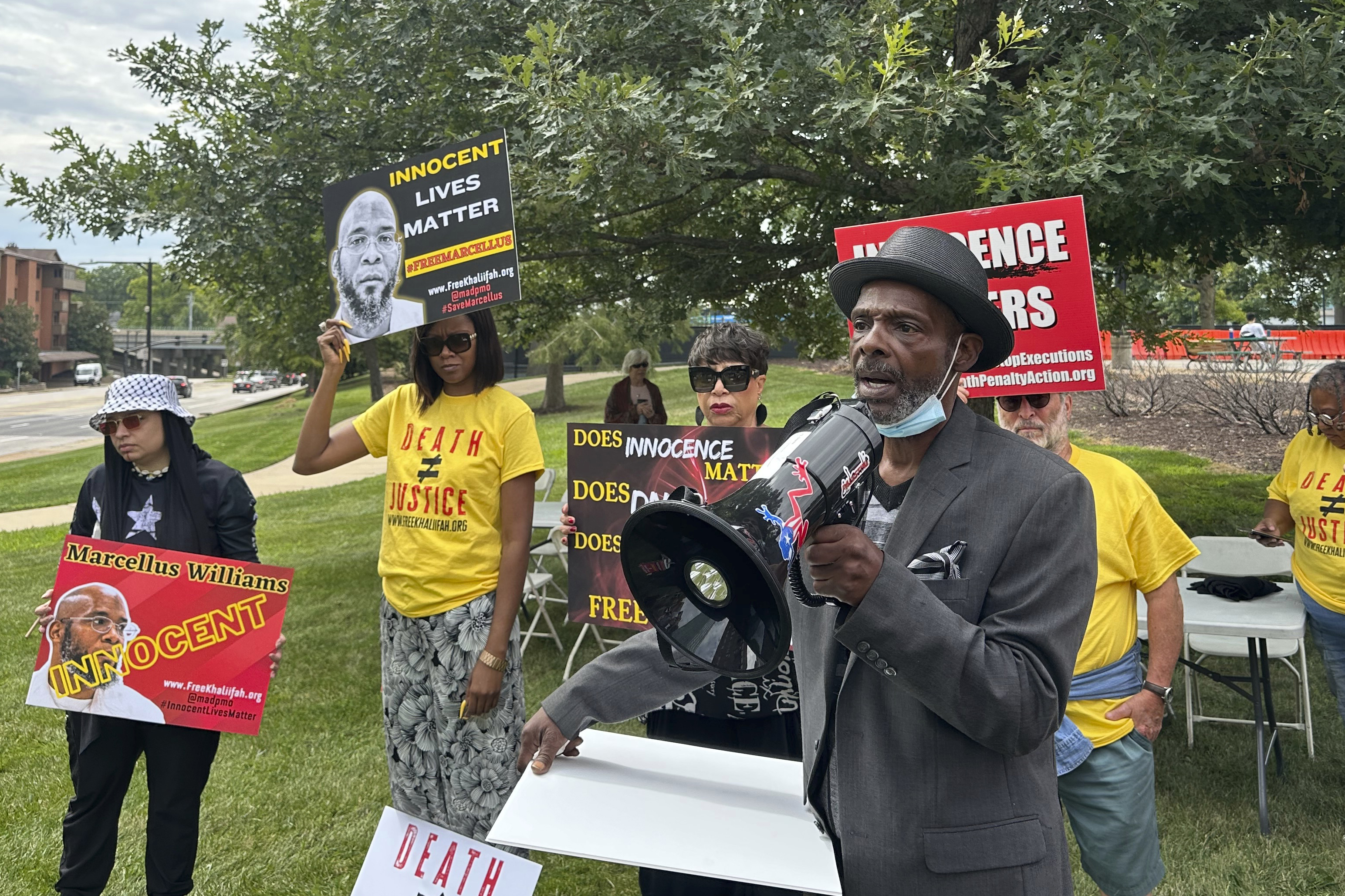 FILE - Joseph Amrine, who was exonerated two decades ago after spending years on death row, speaks at a rally to support Missouri death row inmate Marcellus Williams in Clayton, Mo., on Aug. 21, 2024.(AP Photo/Jim Salter, File)