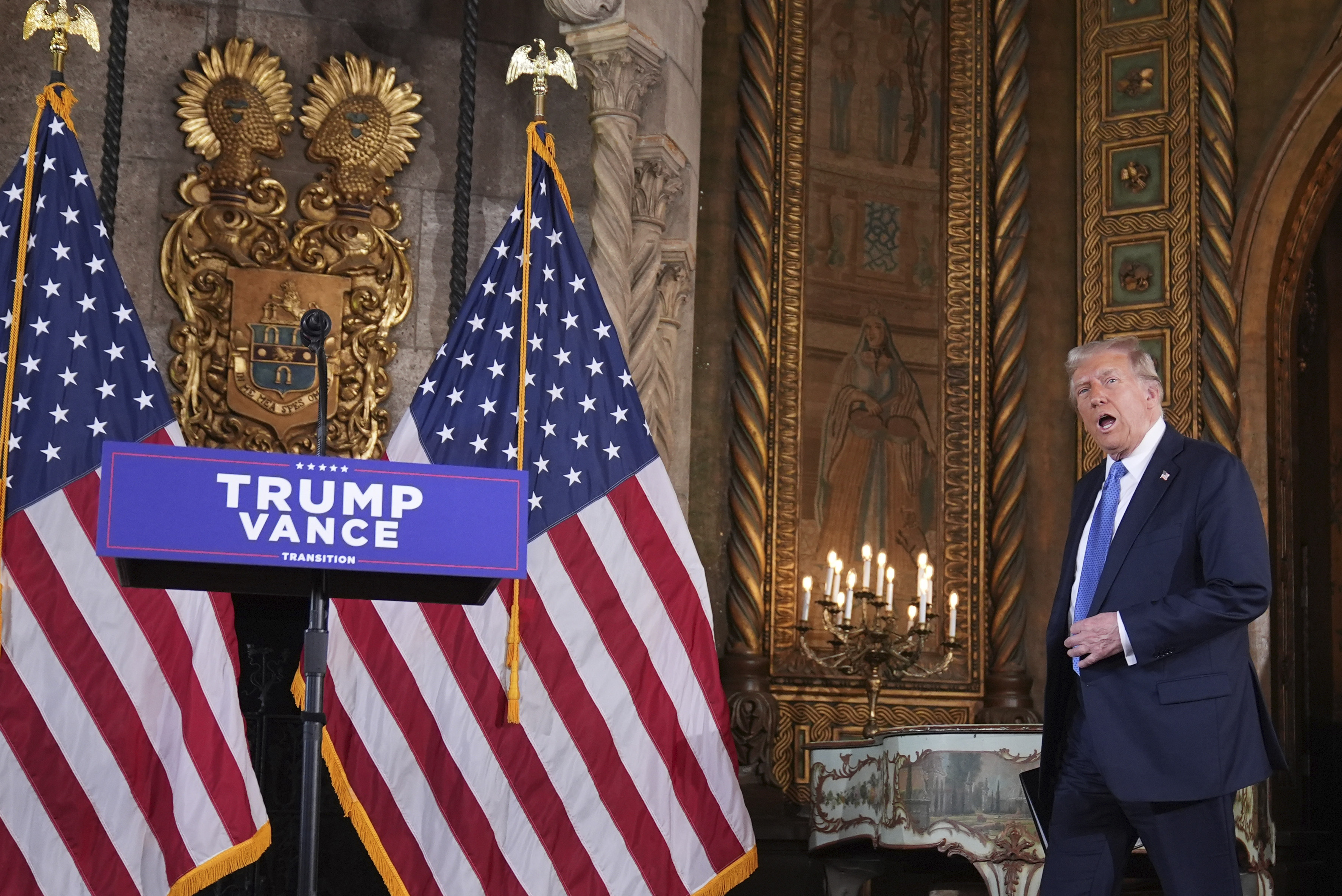 President-elect Donald Trump arrives for a news conference at Mar-a-Lago, Monday, Dec. 16, 2024, in Palm Beach, Fla. (AP Photo/Evan Vucci)