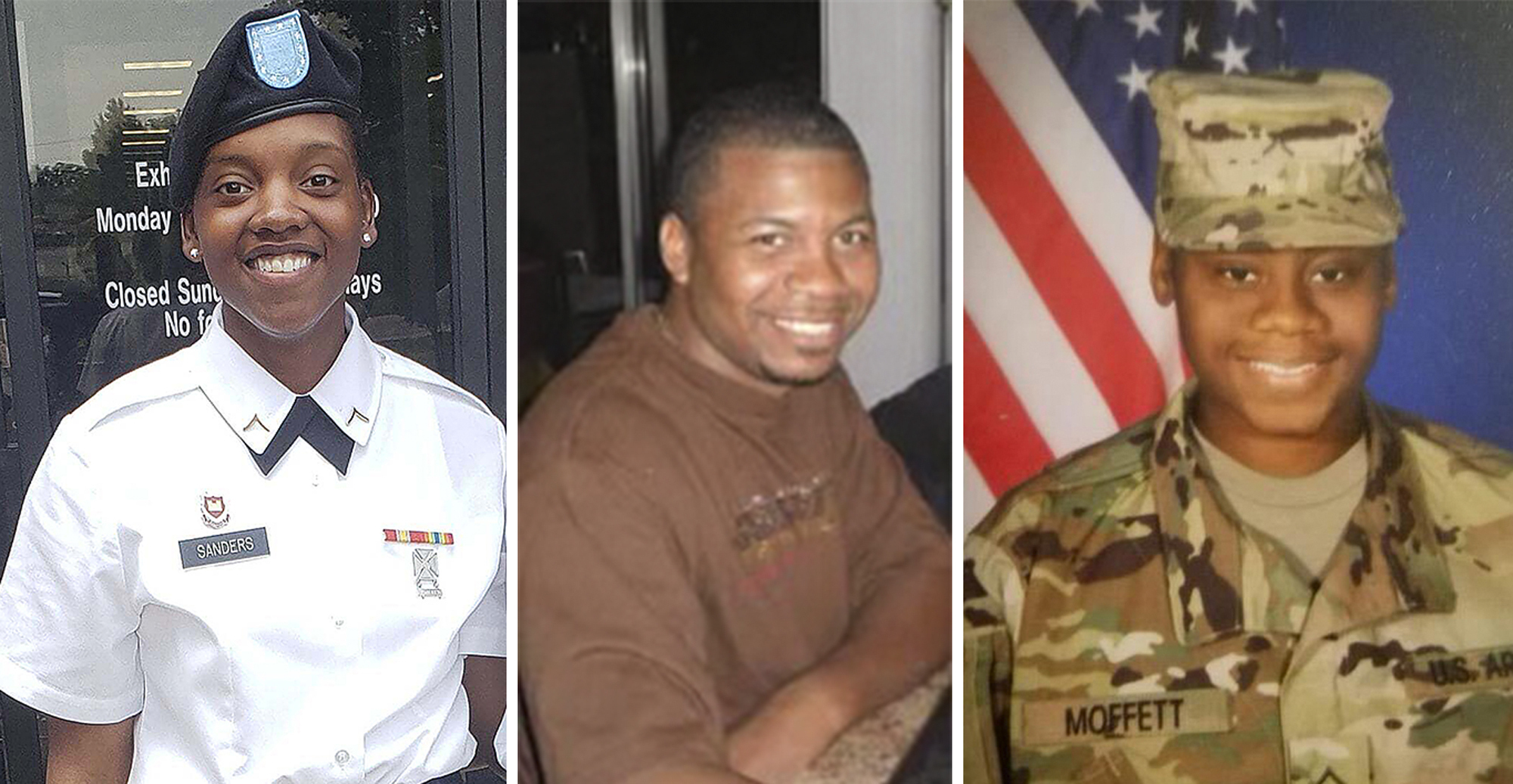 FILE - This combination of photos provided by Shawn Sanders, left, and the U.S. Army, center and right, show from left to right, Sgt. Kennedy Sanders, Staff Sgt. William Jerome Rivers and Sgt. Breonna Alexsondria Moffett. The three U.S. Army Reserve soldiers from Georgia, all of whom received posthumous promotions in rank, were killed by a drone strike on Jan. 28, 2024, on their base in Jordan near the Syrian border. The first funeral service was scheduled Tuesday morning, Feb. 13, for Rivers at a Baptist church in Carrollton, west of Atlanta. (Shawn Sanders and U.S. Army via AP, File)