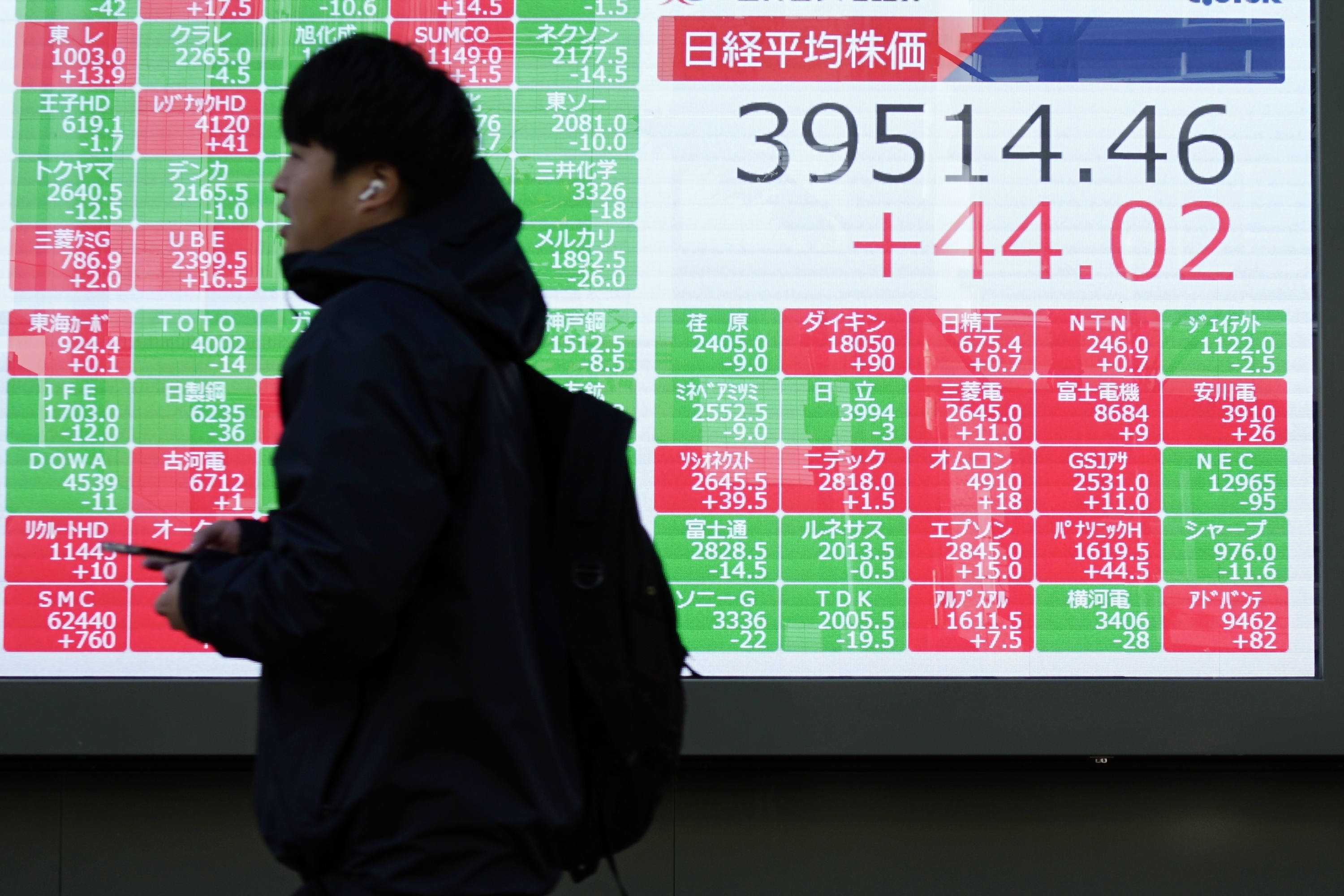 A person walks in front of an electronic stock board showing Japan's Nikkei index at a securities firm Monday, Dec. 16, 2024, in Tokyo. (AP Photo/Eugene Hoshiko)