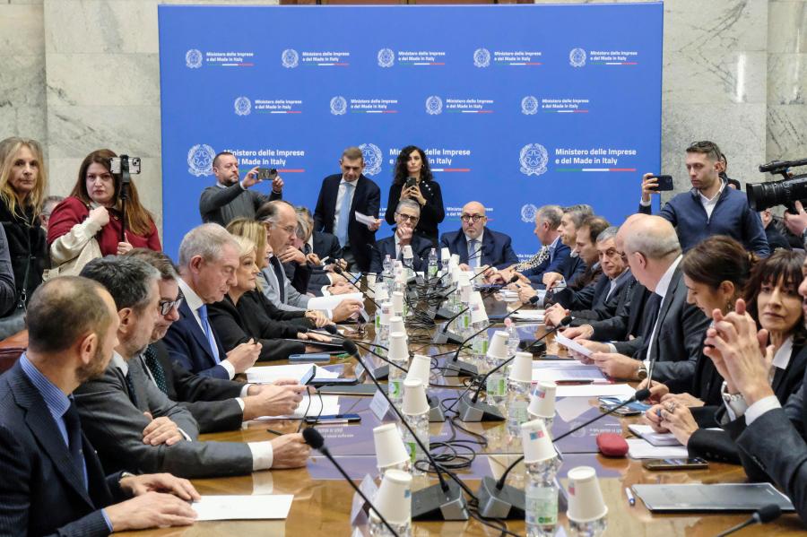 Executives from Stellantis and economic, labor and economic development ministers sit during a meeting held at the Ministry of Enterprise and Made in Italy in Rome, Tuesday, Dec. 17, 2024. (Mauro Scrobogna/LaPresse via AP)