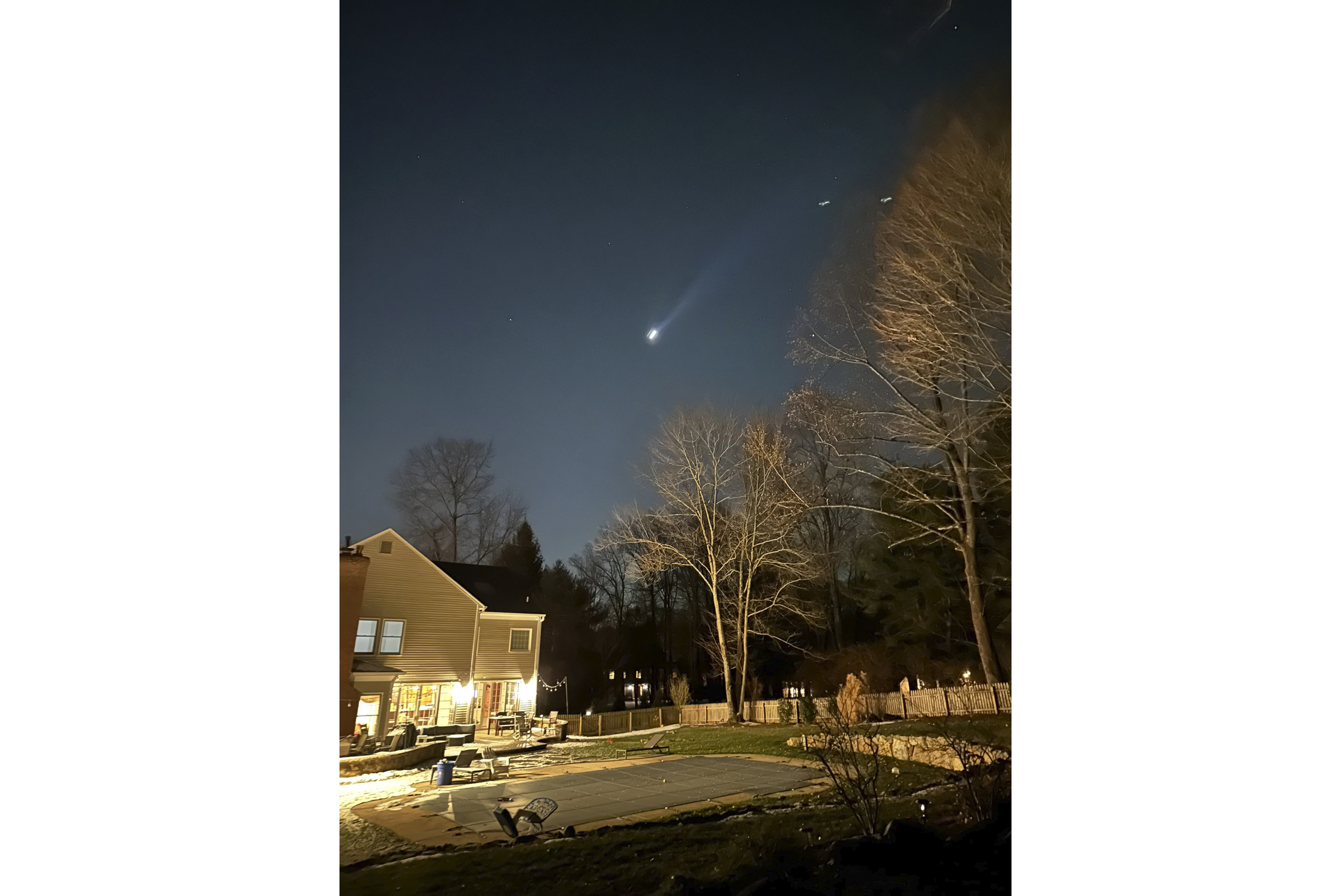 FILE - This photo provided by Brian Glenn shows what appears to be multiple drones flying over Bernardsville, N.J., on Thursday, Dec. 5, 2024 (Brian Glenn/TMX via AP, File)