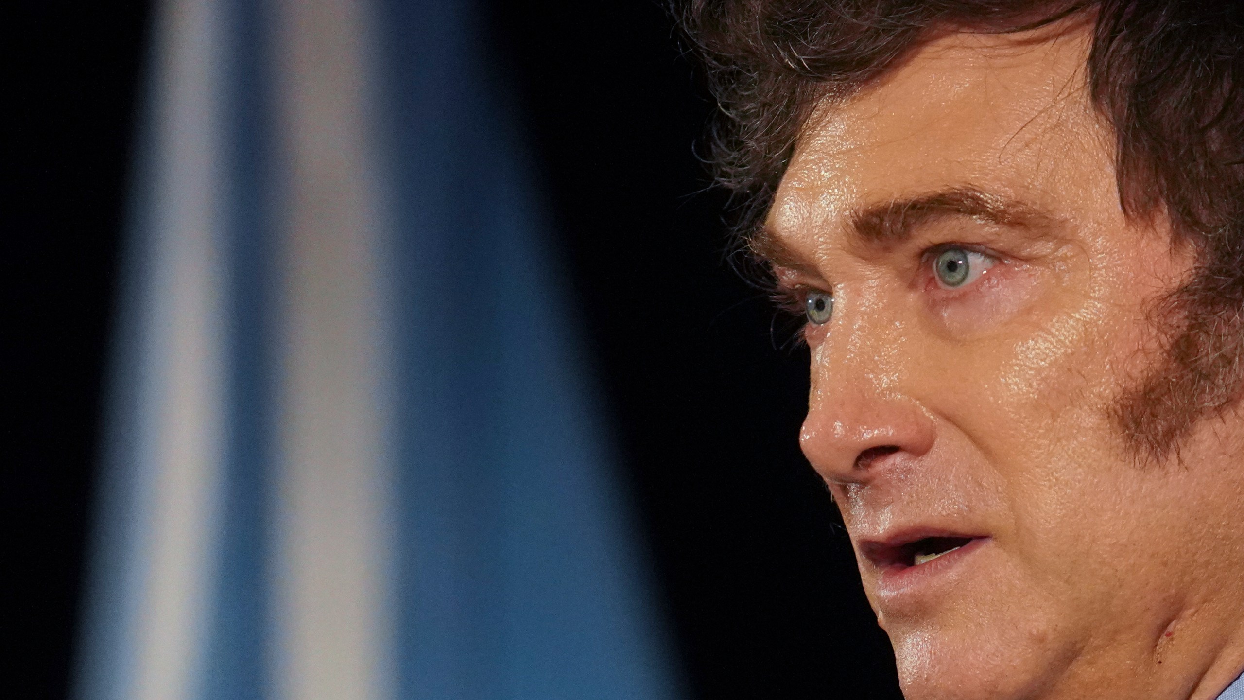 Argentina's President Javier Milei attends the Marketing Leaders Association in Montevideo, Uruguay, Friday, Dec. 6, 2024. (AP Photo/Matilde Campodonico)