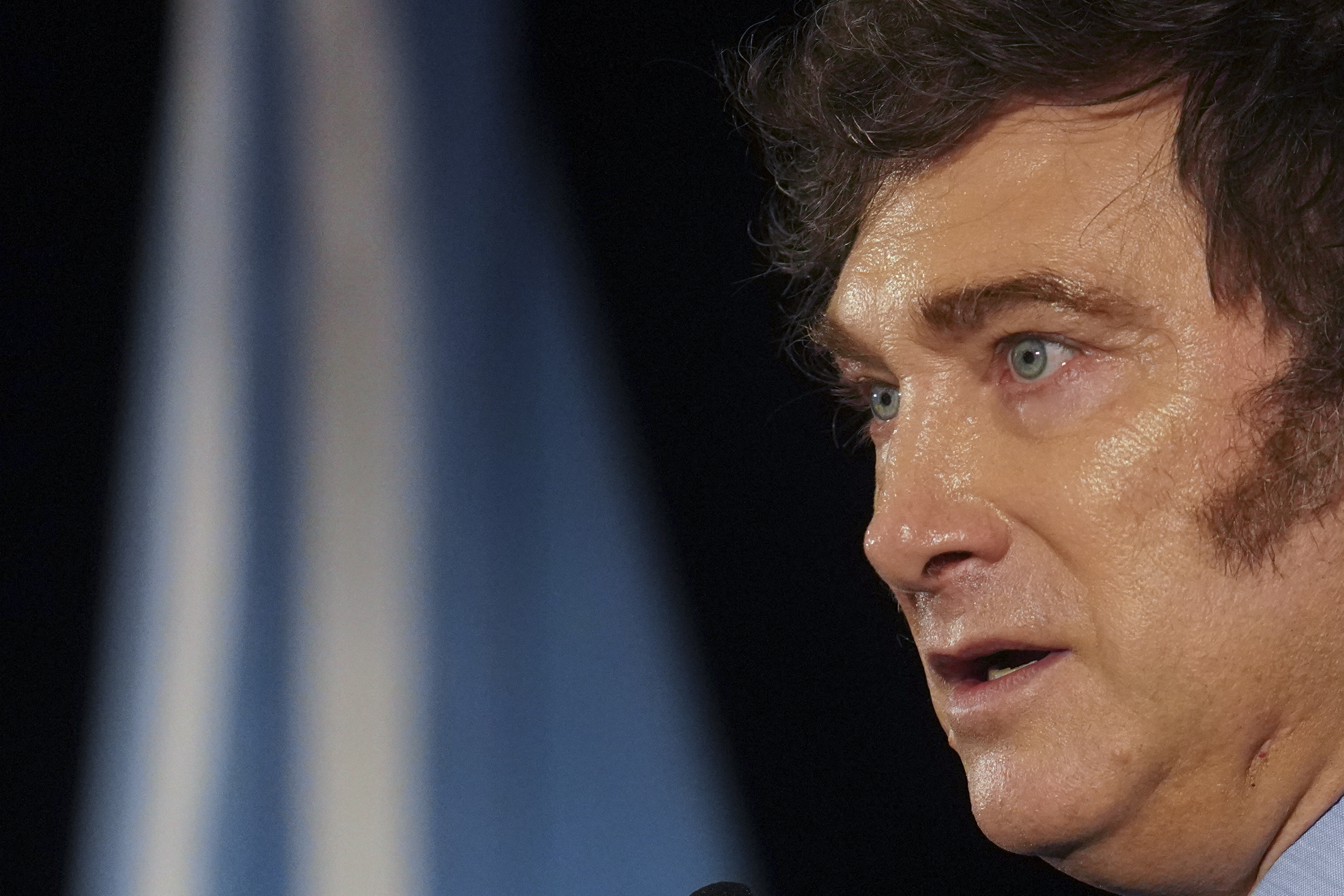 Argentina's President Javier Milei attends the Marketing Leaders Association in Montevideo, Uruguay, Friday, Dec. 6, 2024. (AP Photo/Matilde Campodonico)