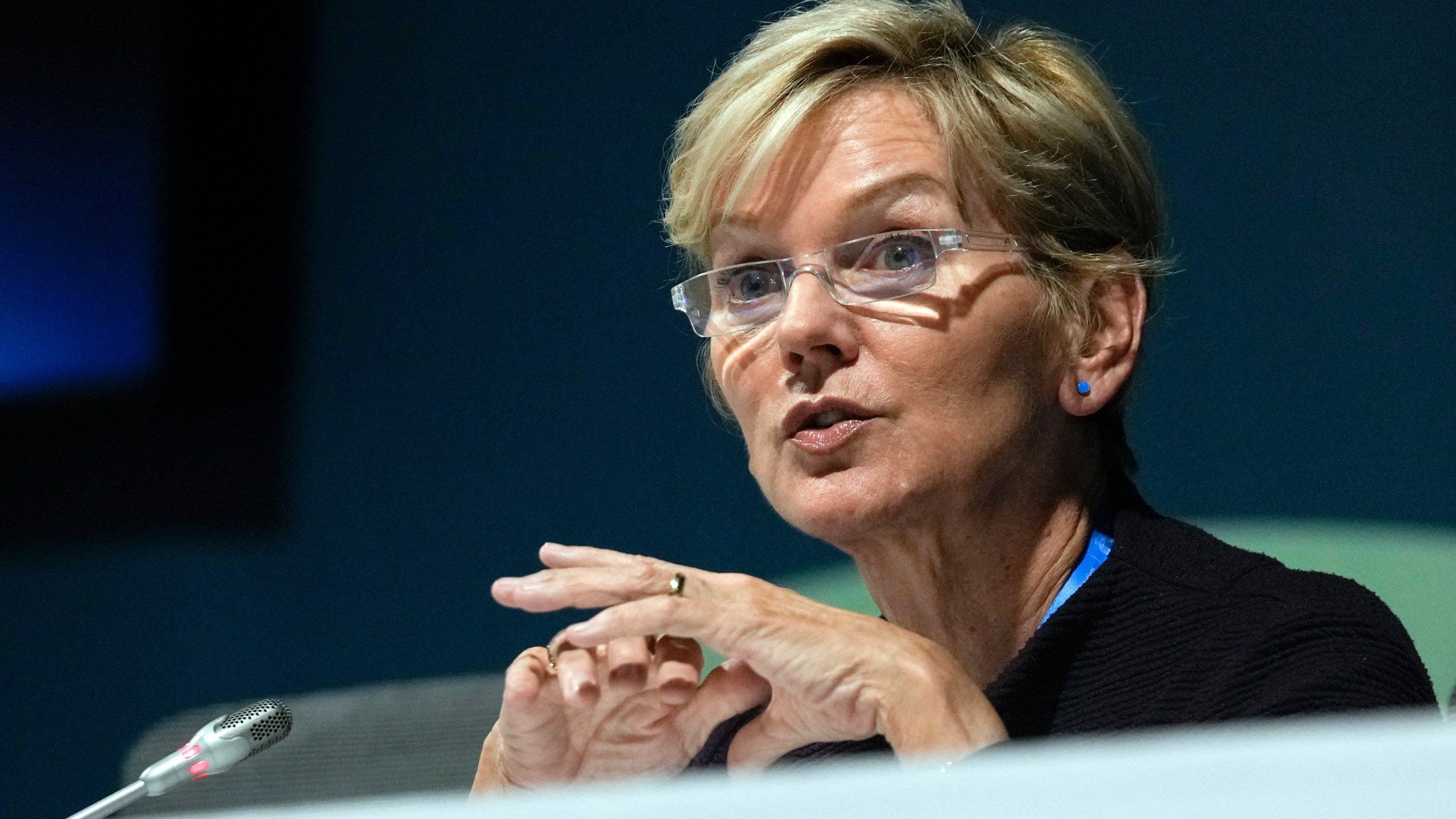 FILE - Energy Secretary Jennifer Granholm talks during a session at the COP29 U.N. Climate Summit Nov. 15, 2024, in Baku, Azerbaijan. (AP Photo/Rafiq Maqbool)