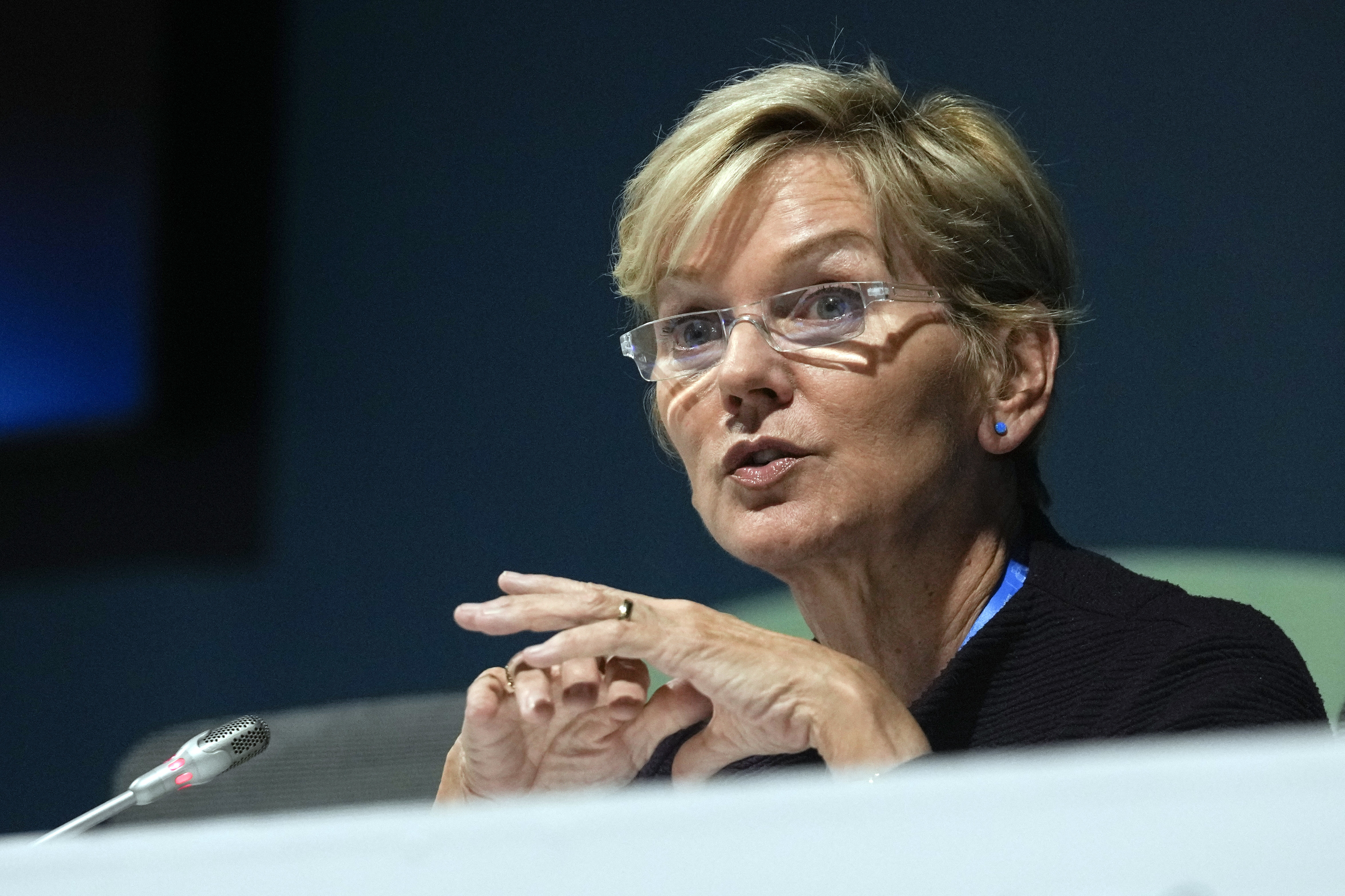 FILE - Energy Secretary Jennifer Granholm talks during a session at the COP29 U.N. Climate Summit Nov. 15, 2024, in Baku, Azerbaijan. (AP Photo/Rafiq Maqbool)