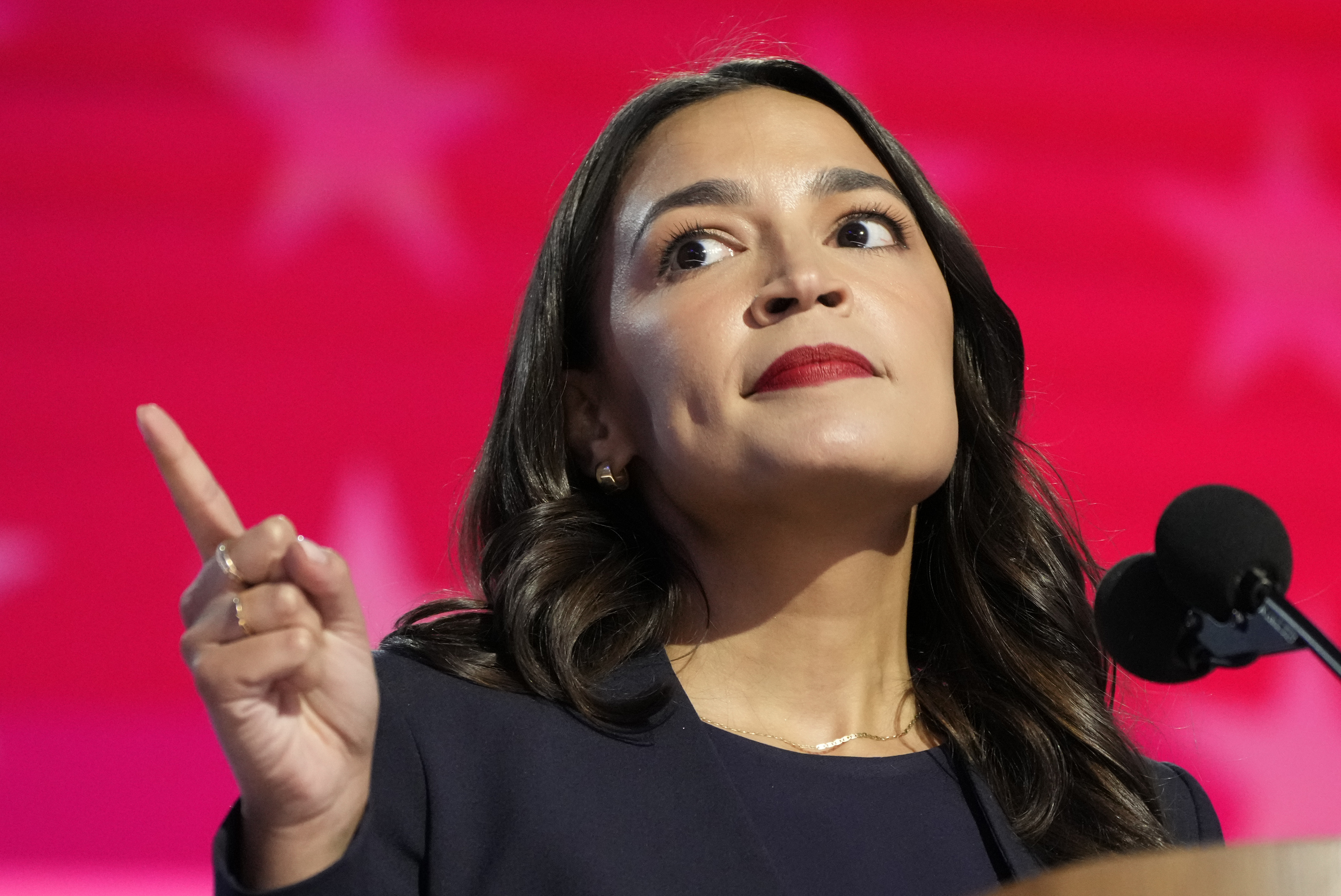 FILE - Rep. Alexandria Ocasio-Cortez, D-N.Y., speaks during the first day of Democratic National Convention, Aug. 19, 2024, in Chicago. (AP Photo/Jacquelyn Martin, File)