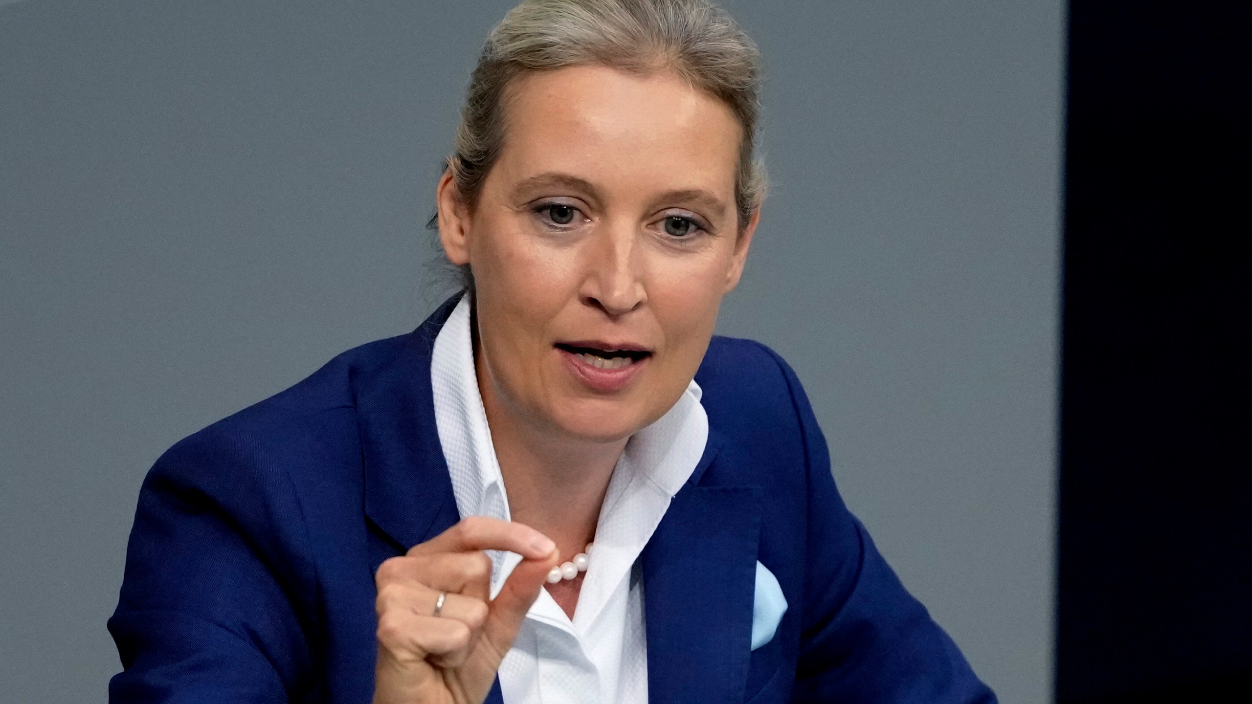 FILE - AfD head Alice Weidel speaks during a general debate of the German parliament Bundestag in Berlin, Germany, Sept. 11, 2024. (AP Photo/Markus Schreiber, File)