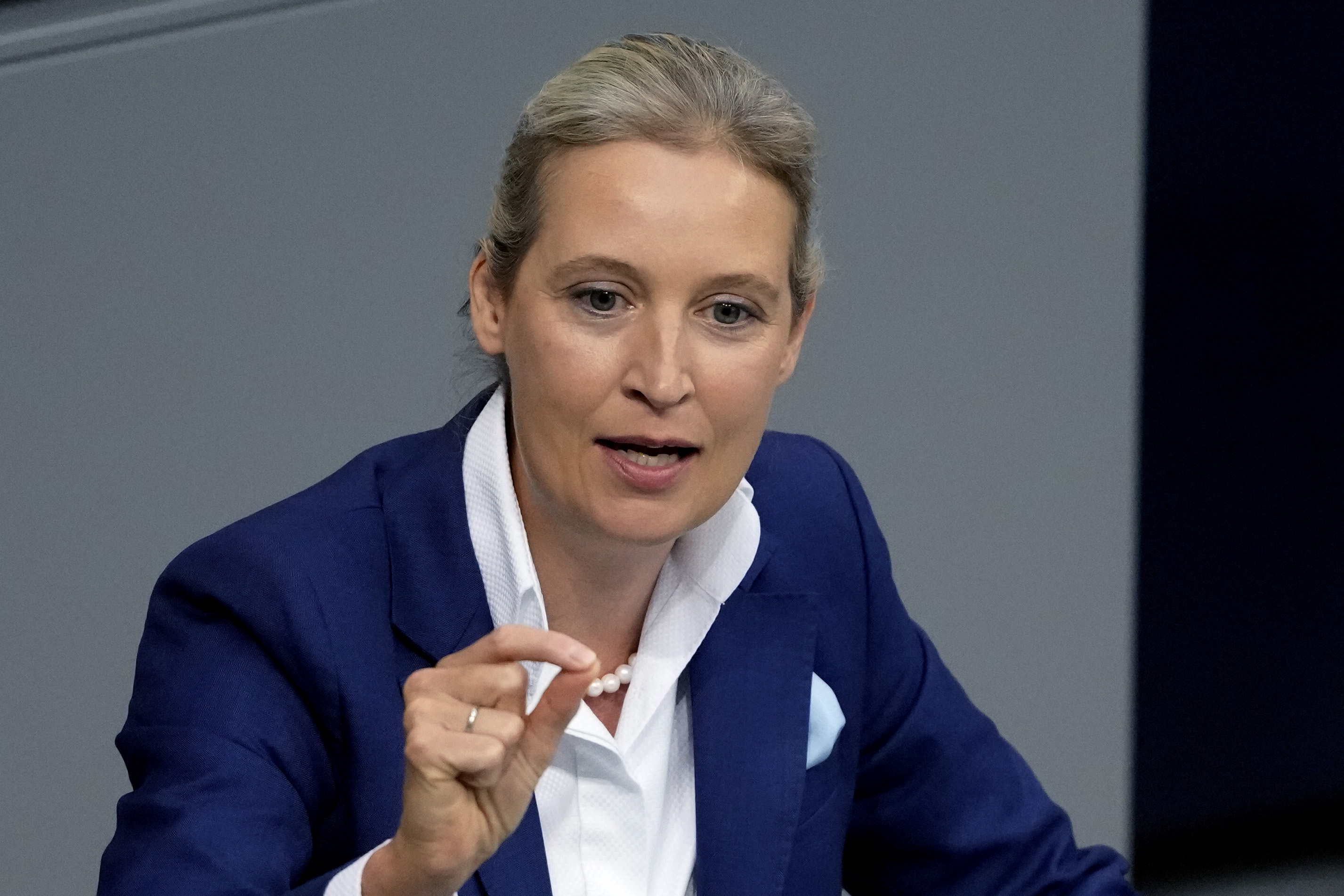 FILE - AfD head Alice Weidel speaks during a general debate of the German parliament Bundestag in Berlin, Germany, Sept. 11, 2024. (AP Photo/Markus Schreiber, File)