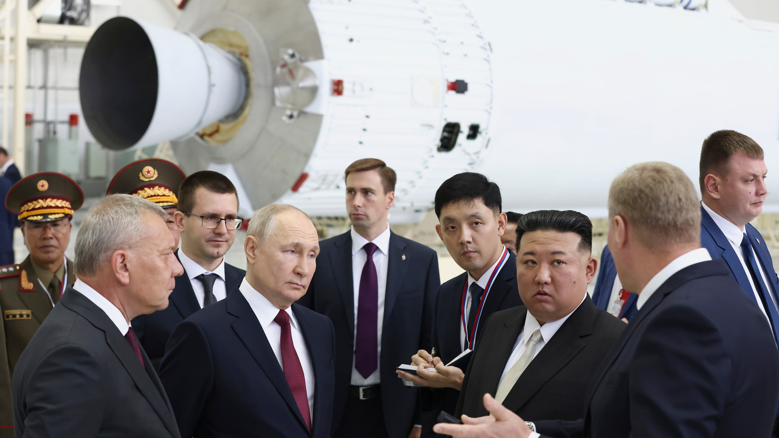 FILE - Russian President Vladimir Putin, second left in front, and North Korea's leader Kim Jong Un, second right in front, examine a rocket assembly hangar during their meeting at the Vostochny cosmodrome outside the city of Tsiolkovsky, about 200 kilometers (125 miles) from the city of Blagoveshchensk in the far eastern Amur region, Russia, Sept. 13, 2023. Russian Federal Space Corporation Roscosmos CEO Yuri Borisov is on the left. (Artyom Geodakyan, Sputnik, Kremlin Pool Photo via AP, File)