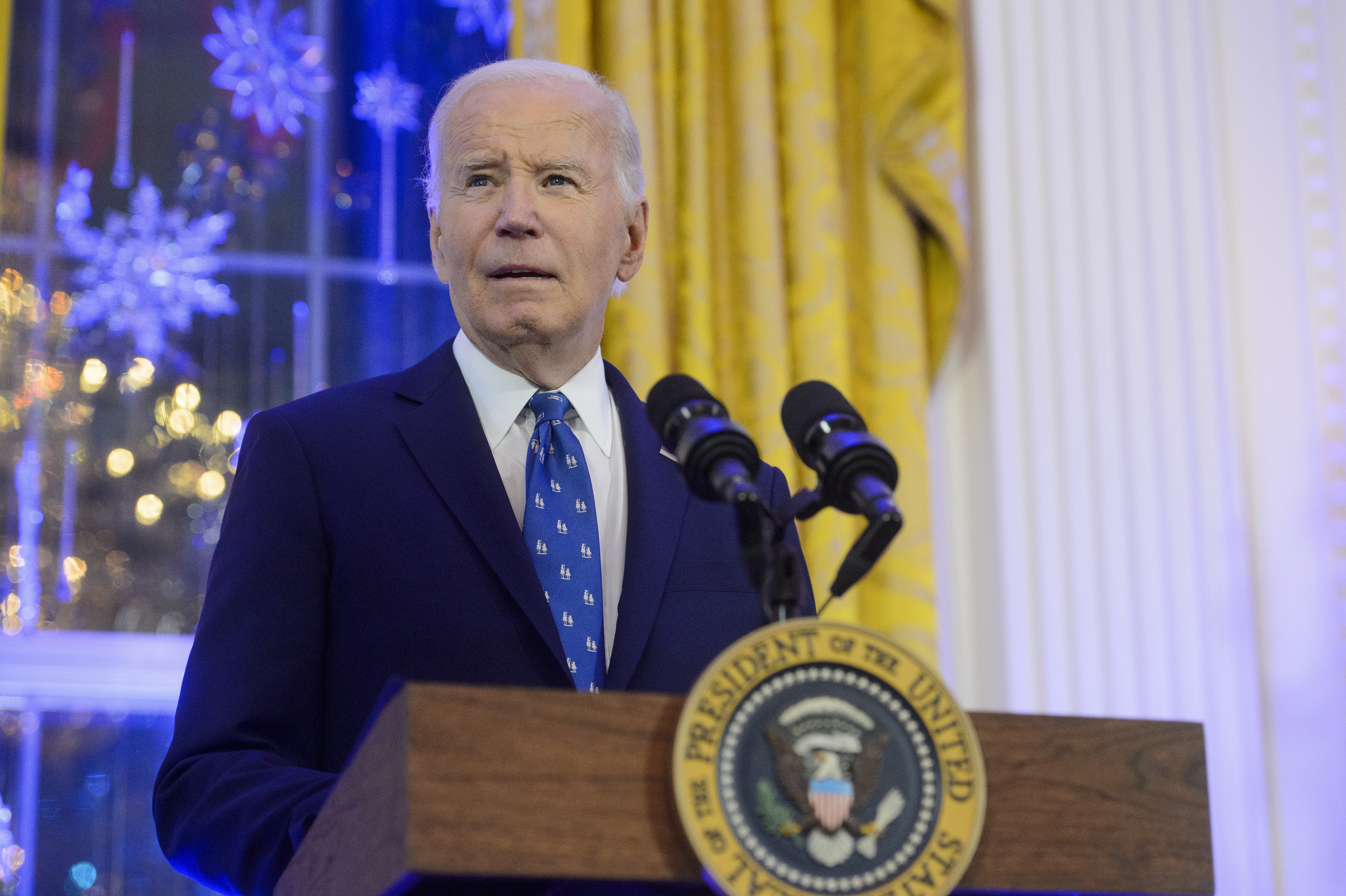 FILE - President Joe Biden speaks during a Hanukkah reception in the East Room of the White House in Washington, Dec. 16, 2024. (AP Photo/Rod Lamkey, Jr., File)