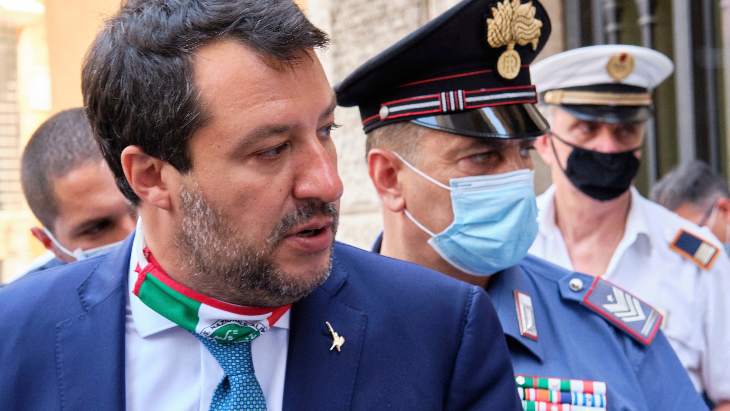 Former Interior minister Matteo Salvini leaves the Senate prior to a vote on lifting his immunity for a trial on Aug 2019 Open Arms case, in Rome Thursday, July 30, 2020. (Mauro Scrobogna/LaPresse via AP, File)