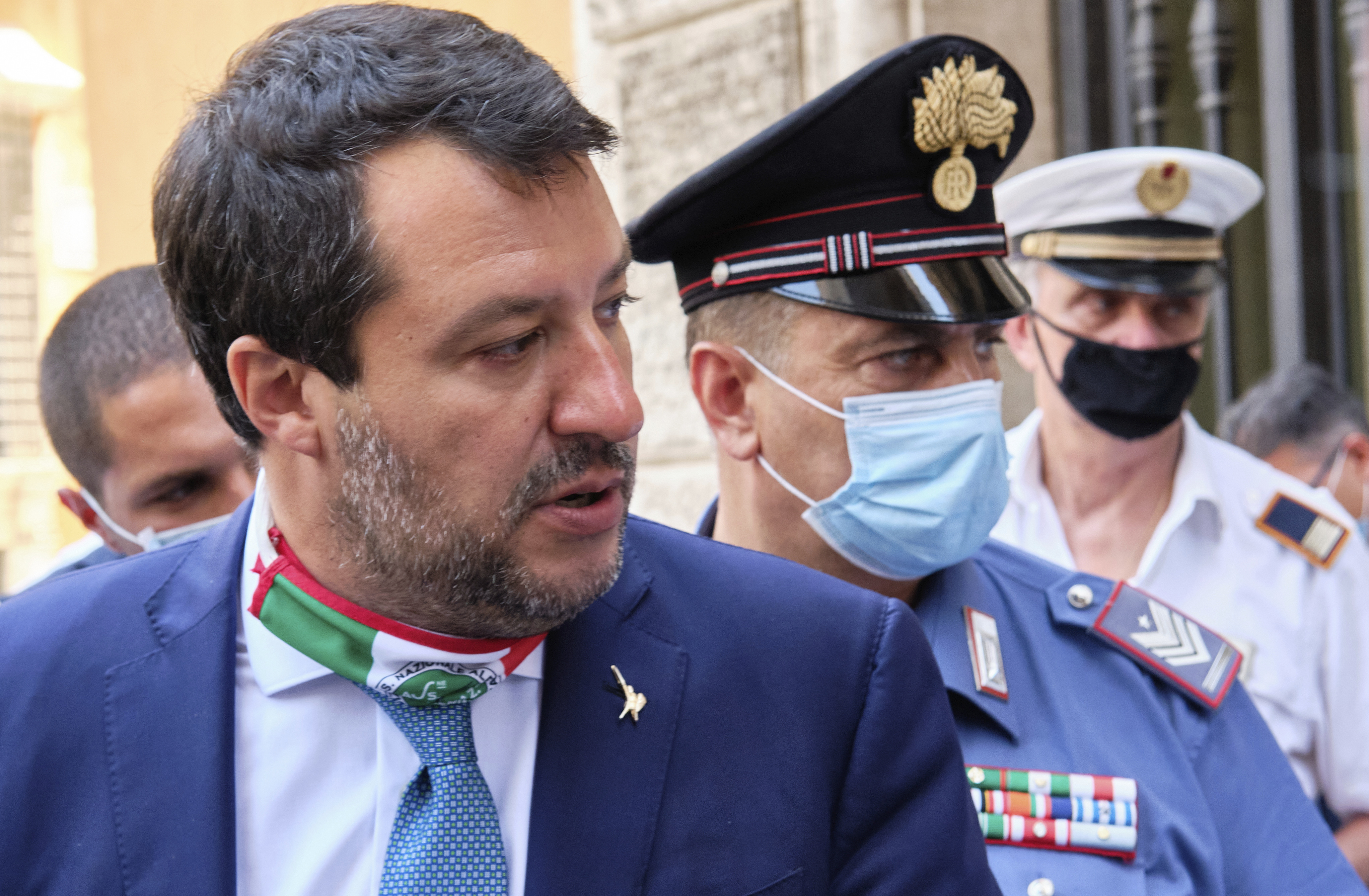 Former Interior minister Matteo Salvini leaves the Senate prior to a vote on lifting his immunity for a trial on Aug 2019 Open Arms case, in Rome Thursday, July 30, 2020. (Mauro Scrobogna/LaPresse via AP, File)