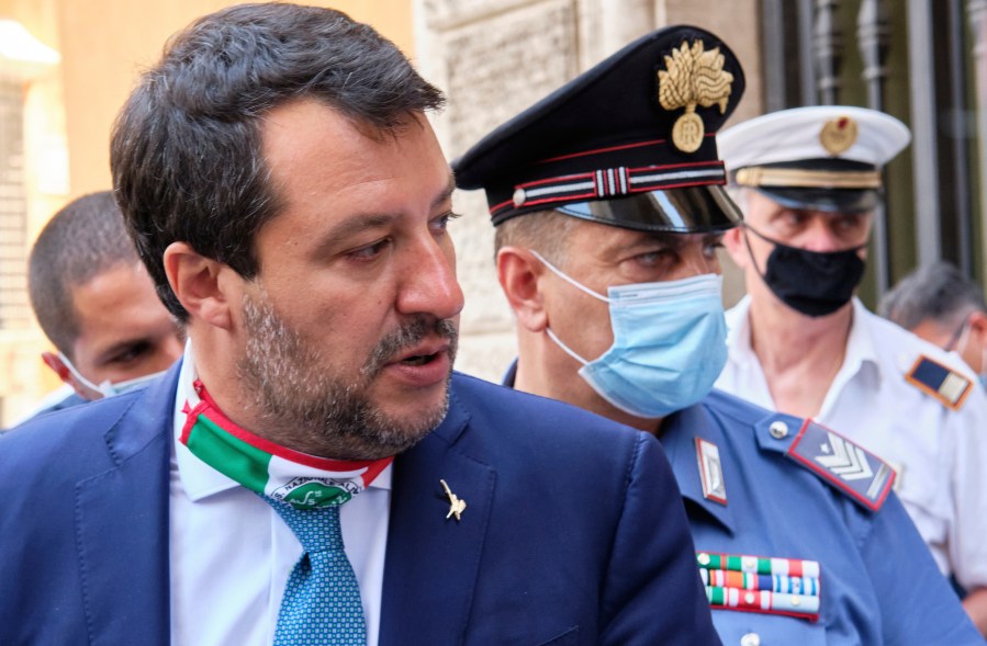 Former Interior minister Matteo Salvini leaves the Senate prior to a vote on lifting his immunity for a trial on Aug 2019 Open Arms case, in Rome Thursday, July 30, 2020. (Mauro Scrobogna/LaPresse via AP, File)