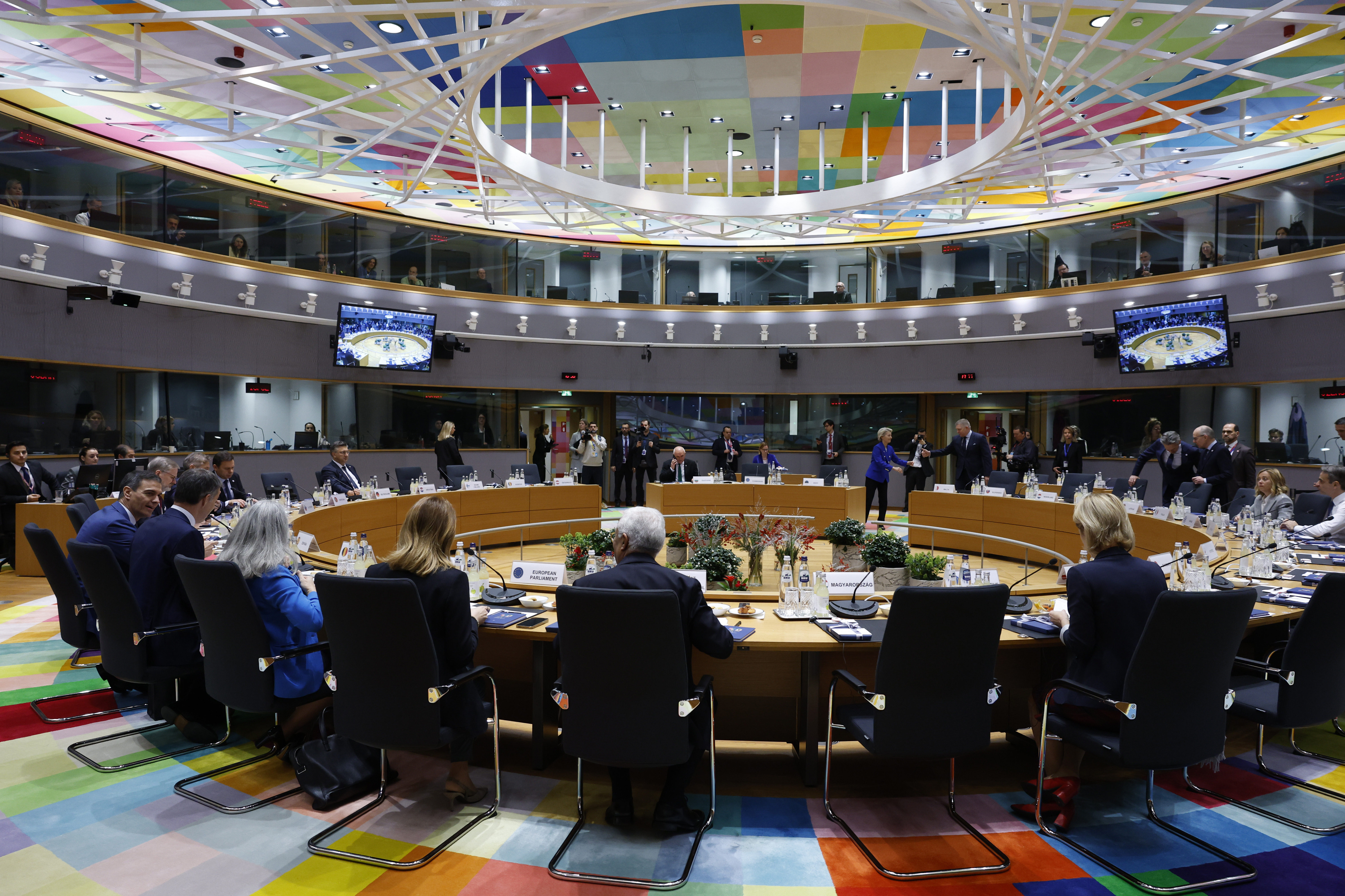 European Union leaders meet for a round table meeting at an EU summit in Brussels, Thursday, Dec. 19, 2024. (AP Photo/Omar Havana)