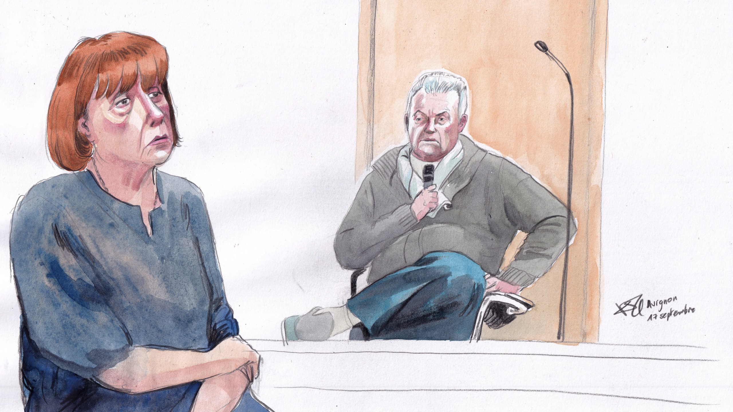 FILE - This courtroom sketch by Valentin Pasquier shows Gisèle Pelicot, left, and her ex-husband Dominique Pelicot, right, during his trial at the courthouse in Avignon, southern France, on Sept. 17, 2024. (AP Photo/Valentin Pasquier, File)