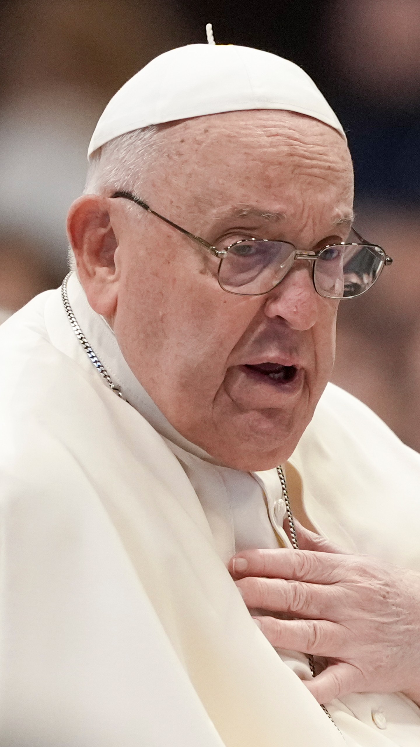 Pope Francis meets with Italian pilgrims participating in the Camino de Santiago, in St. Peter's Basilica at the Vatican, Thursday, Dec. 19, 2024. (AP Photo/Andrew Medichini)