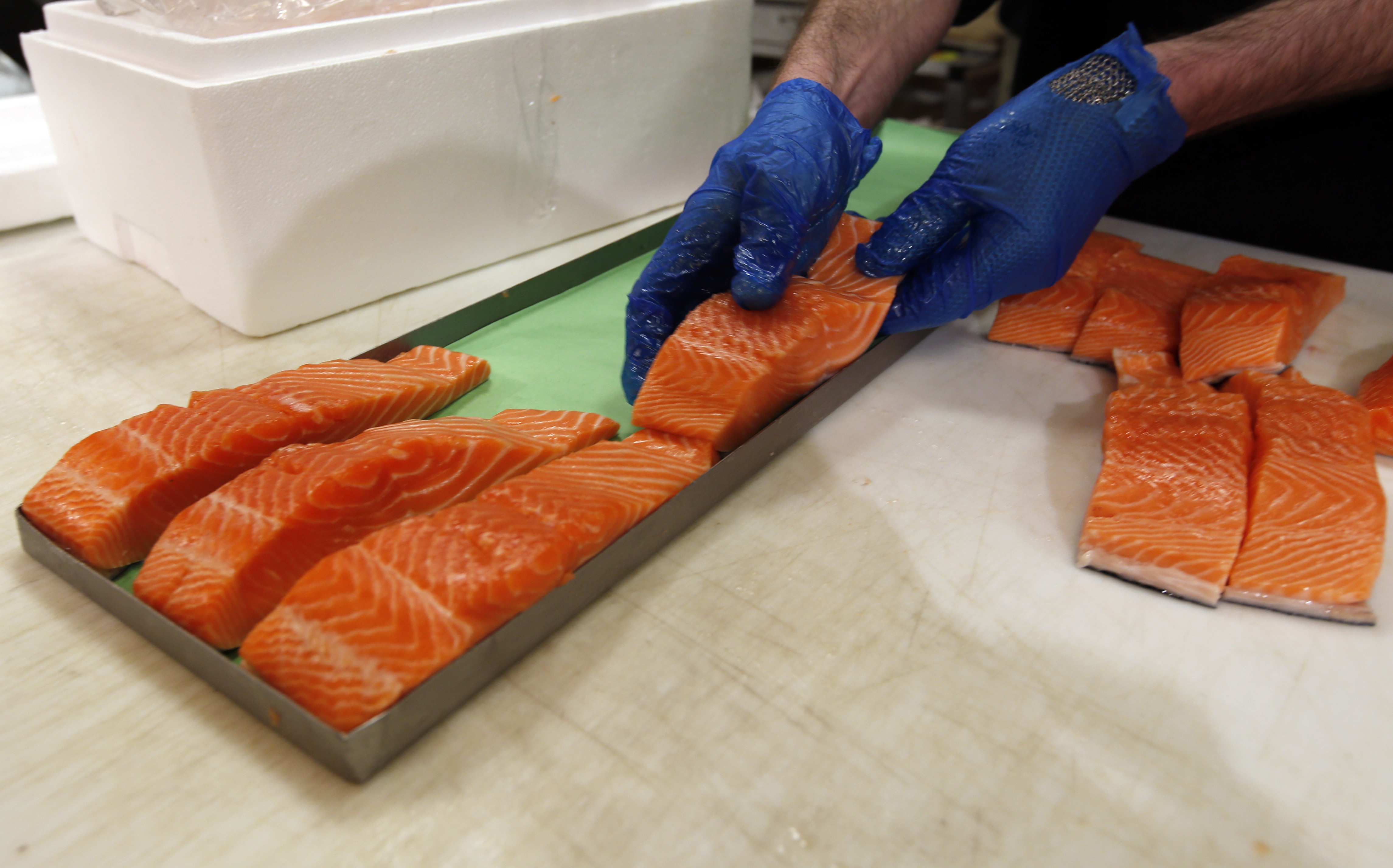 FILE - Canadian certified organic farm-raised King Salmon filets are placed on a tray in a store in Fairfax, Va., April 10, 2015. (AP Photo/Alex Brandon)