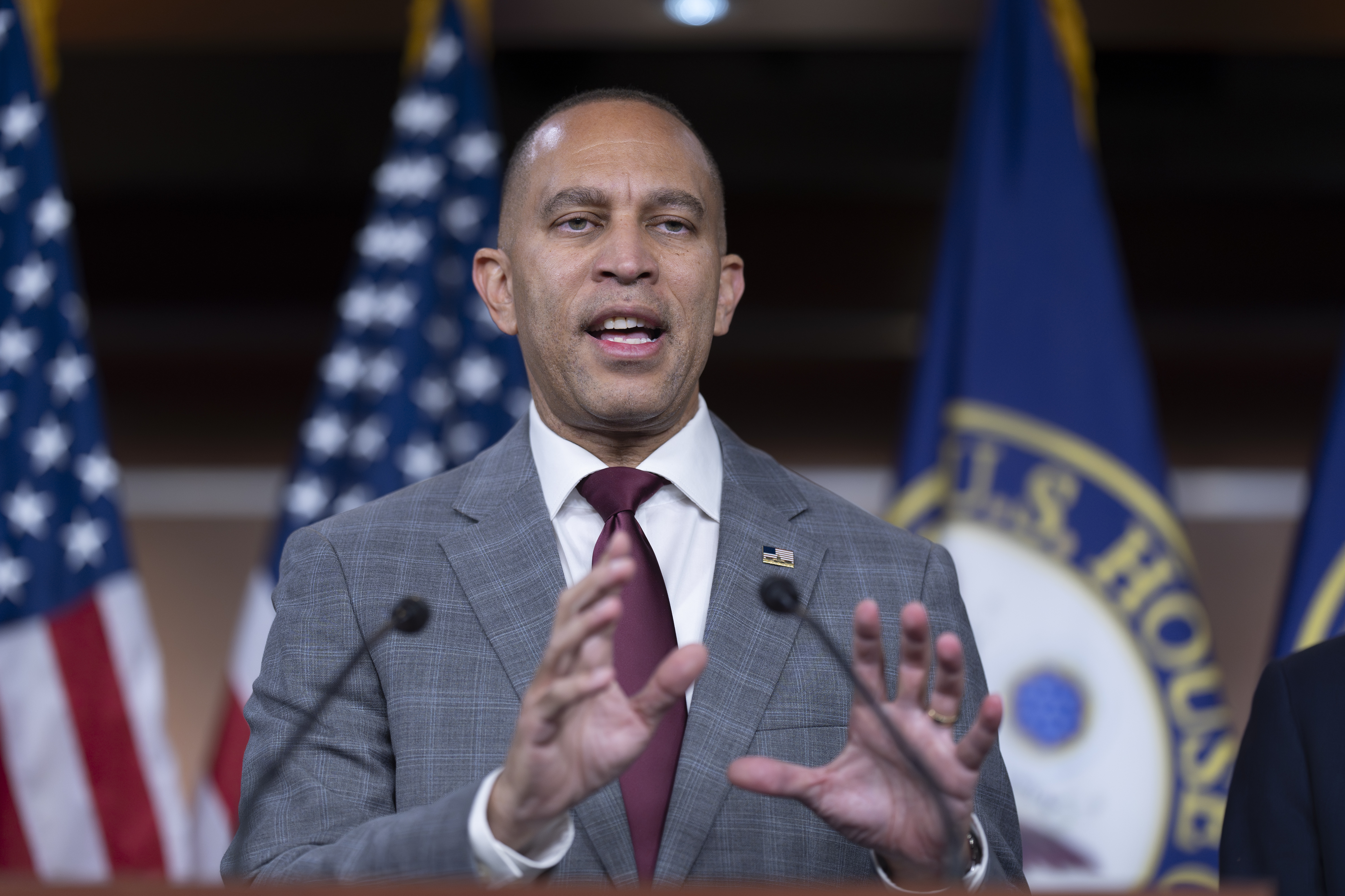 House Minority Leader Hakeem Jeffries, D-N.Y., meets with reporters after President-elect Donald Trump abruptly rejected a bipartisan plan to prevent a Christmastime government shutdown, at the Capitol in Washington, Thursday, Dec. 19, 2024. (AP Photo/J. Scott Applewhite)